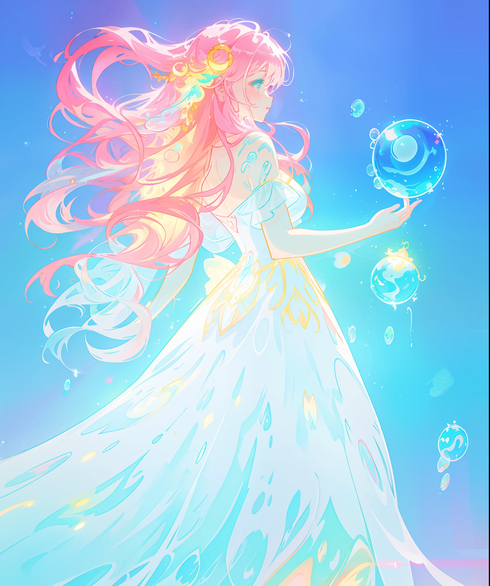 beautiful anime girl in colorful liquid dress, vibrant pastel colors, flowing long pink peach hair, beautiful white layered ballgown, (colorful), magical lights, sparkling lines of light, inspired by Glen Keane, inspired by Lois van Baarle, disney art style, by Lois van Baarle, glowing aura around her, by Glen Keane, jen bartel, glowing lights! digital painting, flowing glowing hair, glowing flowing hair, beautiful digital illustration, fantasia background, whimsical, magical, fantasy, beautiful face, ((masterpiece, best quality)), intricate details, highly detailed, sharp focus, 8k resolution, sparkling detailed eyes, liquid watercolor, (((bubbles)))