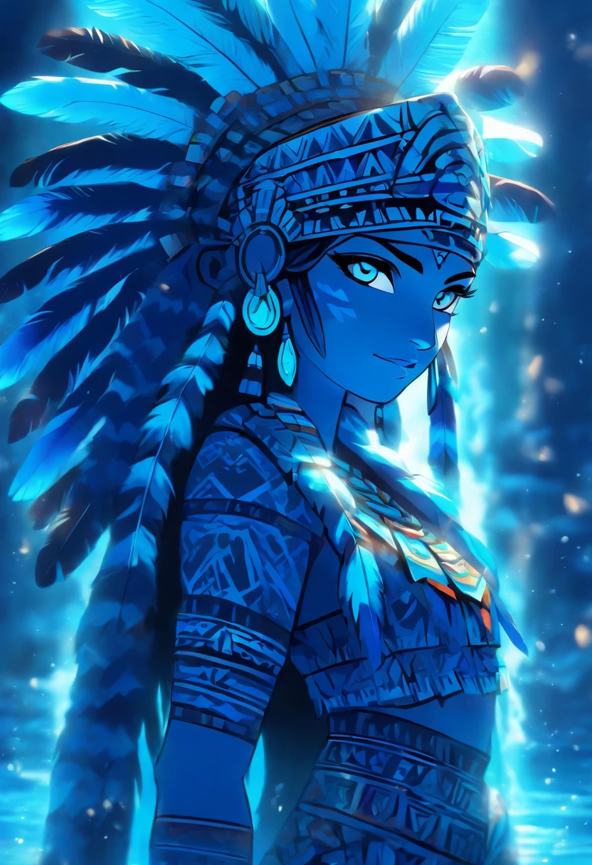 (((Aztec Goddess))) best quality, very high resolution, 4K detailed CG, masterpiece, Aztec mythology, water goddess, Chalchiuhtlicue, blue feathers, Mexico, standing pose, Aztec clothing, Aztec city, (( blue feathers)) , aesthetic, beautiful image, centered on the screen, standing pose