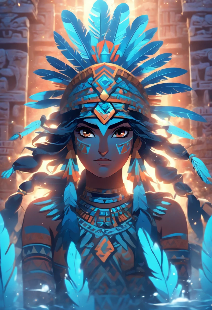 (((Aztec Goddess))) best quality, very high resolution, 4K detailed CG, masterpiece, Aztec mythology, water goddess, Chalchiuhtlicue, blue feathers, Mexico, standing pose, Aztec clothing, Aztec city, (( blue feathers)) , aesthetic, beautiful image, centered on the screen, standing pose