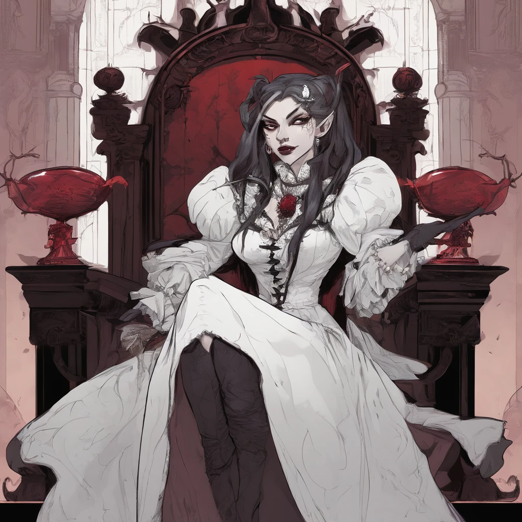 ((illustration of a female version of Strahd Von Zarovich in sexy gothic noble outfit sitting on a throne holding a glass wine goblet filled with blood)), royal noble outfit, ((vampire)), has teeth fangs, long black hair, portrait, 8k resolution, masterpiece, high quality, ultra detailed eyes, 1girl, female focus, voluptuous figure, ((sad demeanor)), vampiric features, showing, vampire fangs, pale skin, elf ears, castle interior background, gothic theme, dungeons and dragons fantasy aesthetics, use Curse of Strahd visuals, sassy demeanor