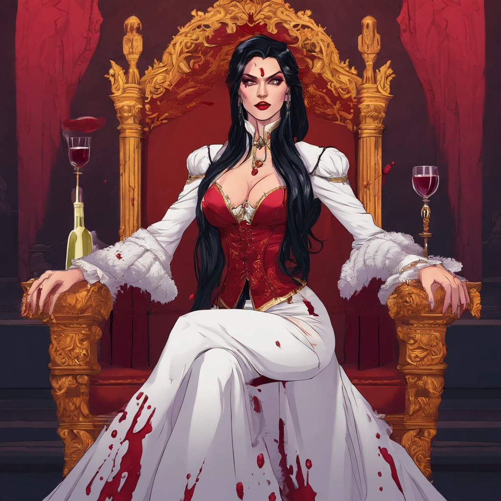 ((illustration of a female version of Strahd Von Zarovich in sexy gothic noble outfit sitting on a throne holding a glass wine goblet filled with blood)), royal noble outfit, ((vampire)), has teeth fangs, long black hair, portrait, 8k resolution, masterpiece, high quality, ultra detailed eyes, 1girl, female focus, voluptuous figure, ((sad demeanor)), vampiric features, showing, vampire fangs, pale skin, elf ears, castle interior background, gothic theme, dungeons and dragons fantasy aesthetics, use Curse of Strahd visuals, sassy demeanor