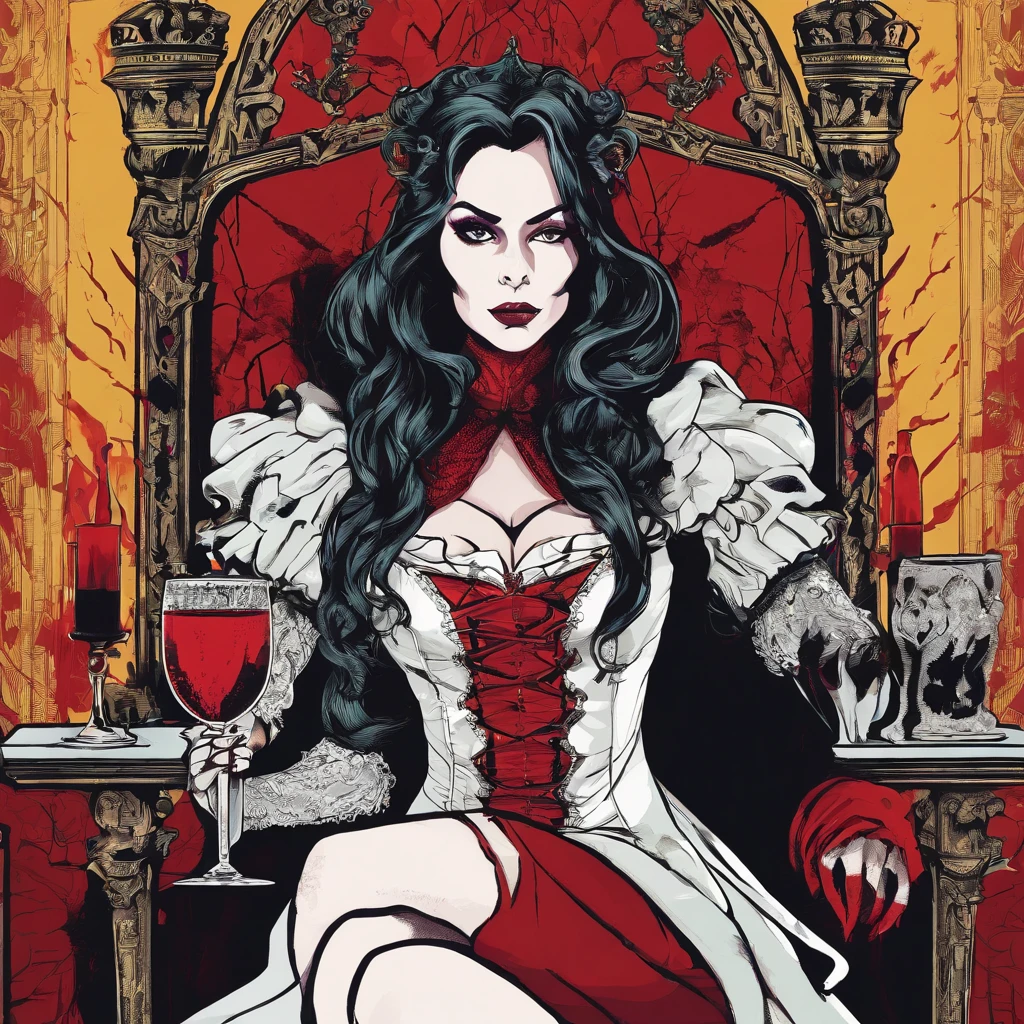 ((illustration of a female version of Strahd Von Zarovich in sexy gothic noble outfit sitting on a throne holding a glass wine goblet filled with blood)), royal noble outfit, ((vampire)), has teeth fangs, long black hair, portrait, 8k resolution, masterpiece, high quality, ultra detailed eyes, 1girl, female focus, voluptuous figure, ((sad demeanor)), vampiric features, showing, vampire fangs, pale skin, elf ears, castle interior background, gothic theme, dungeons and dragons fantasy aesthetics, use Curse of Strahd visuals, sassy demeanor