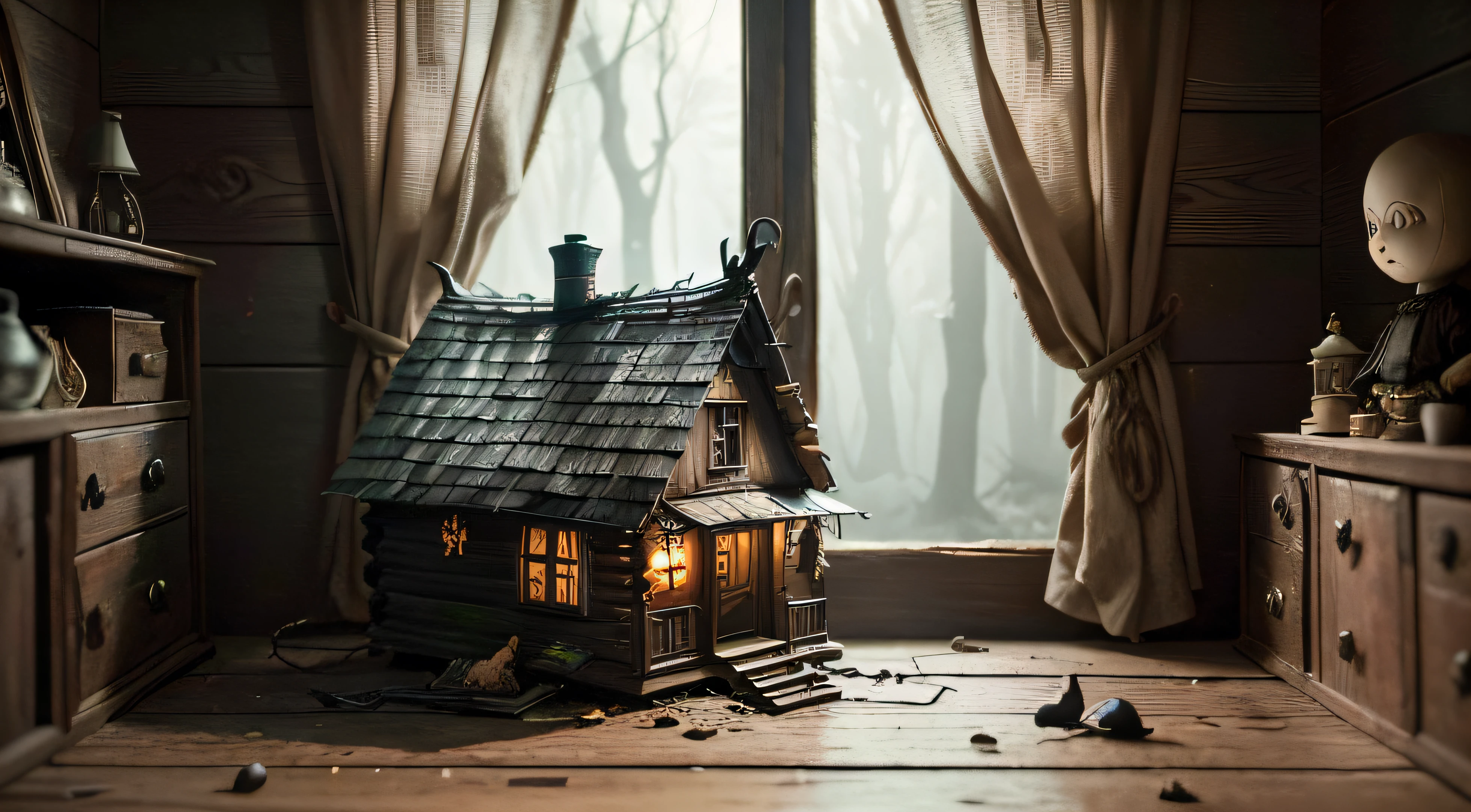 (a dark, wooden cabin), (marionette:1.1), (creepy, eerie:1.2), (aged, worn-out:0.9), (abandoned:1.1), (mysterious:1.1), (dangling by thin threads, lifeless:0.9), [broken, dilapidated:0.9], [faded, pale colors:0.9], (soft, dim lighting), [rustling leaves:0.8], (vintage style), [minimalist:0.9], (cracked paintwork), (old-fashioned, nostalgic:1.1), (isolated in the woods), (rustic, authentic:1.1), (vivid, contrasting colors), (uneven wooden floor), (cluttered with antique dolls), (mystical atmosphere), (hidden secrets), (twisted, distorted expressions), (uncanny valley), (intricate, delicate craftsmanship), (creaking door), (haunting ambiance), (subtle, eerie music in the background), (stitched details), (forgotten memories), (forgotten and lost in time), (enchanted, enchanted:1.1), (waiting to come to life).