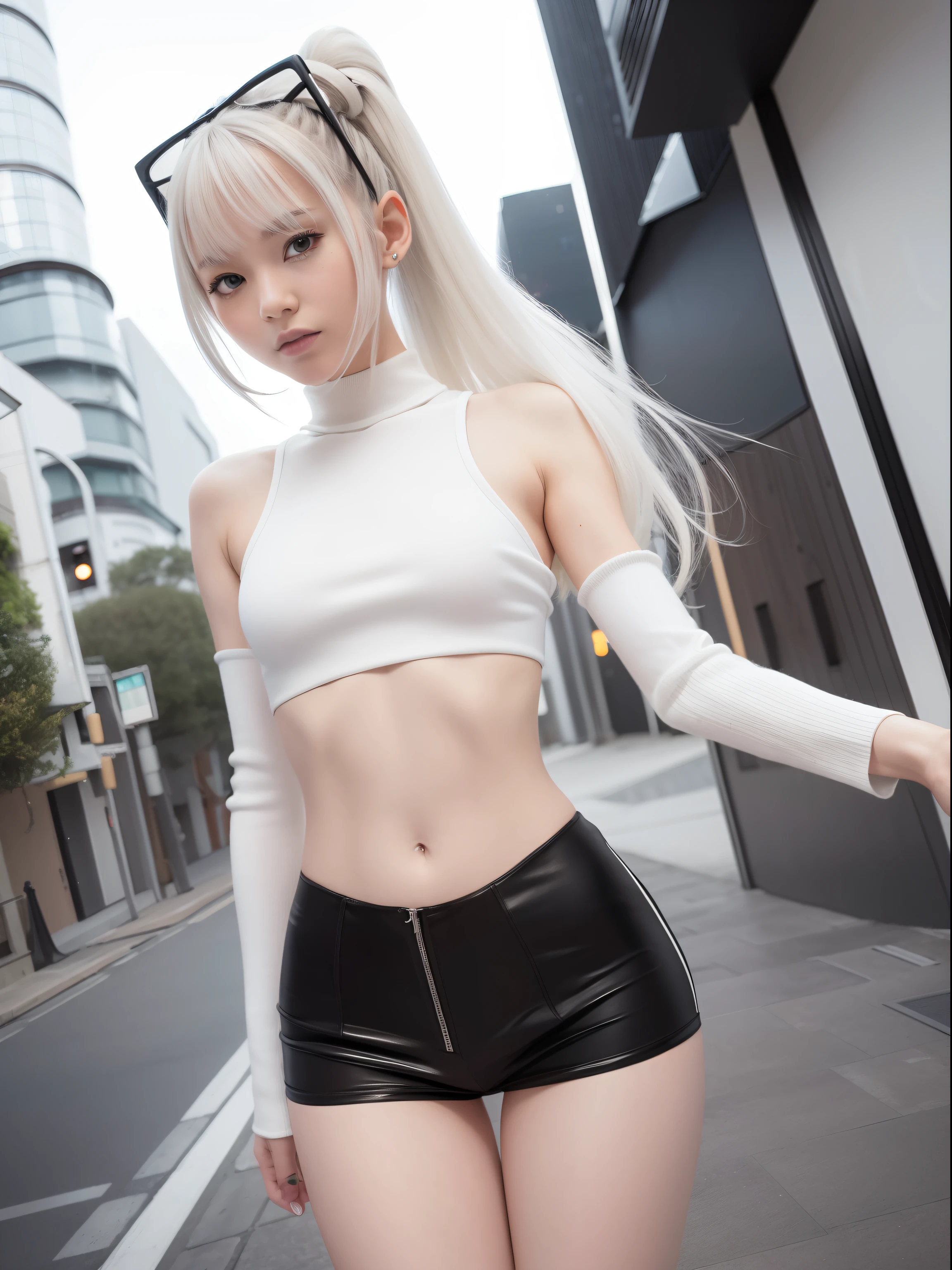White-only base, Black and gray(Futuristic Nordic city),20 years girl,masutepiece , Best Quality,The best illustrations(Soft texture),Nahida(GenshinImpact) ,very slender body,tiny chest,Skinny Legs,Long hair ,Side Ponytail, Hair Ornament ,Street,White hair , White hair , hand behind head:1.5,multicolored hair, elf ,Skinny Legs,smil,Tsundere,crouching down,