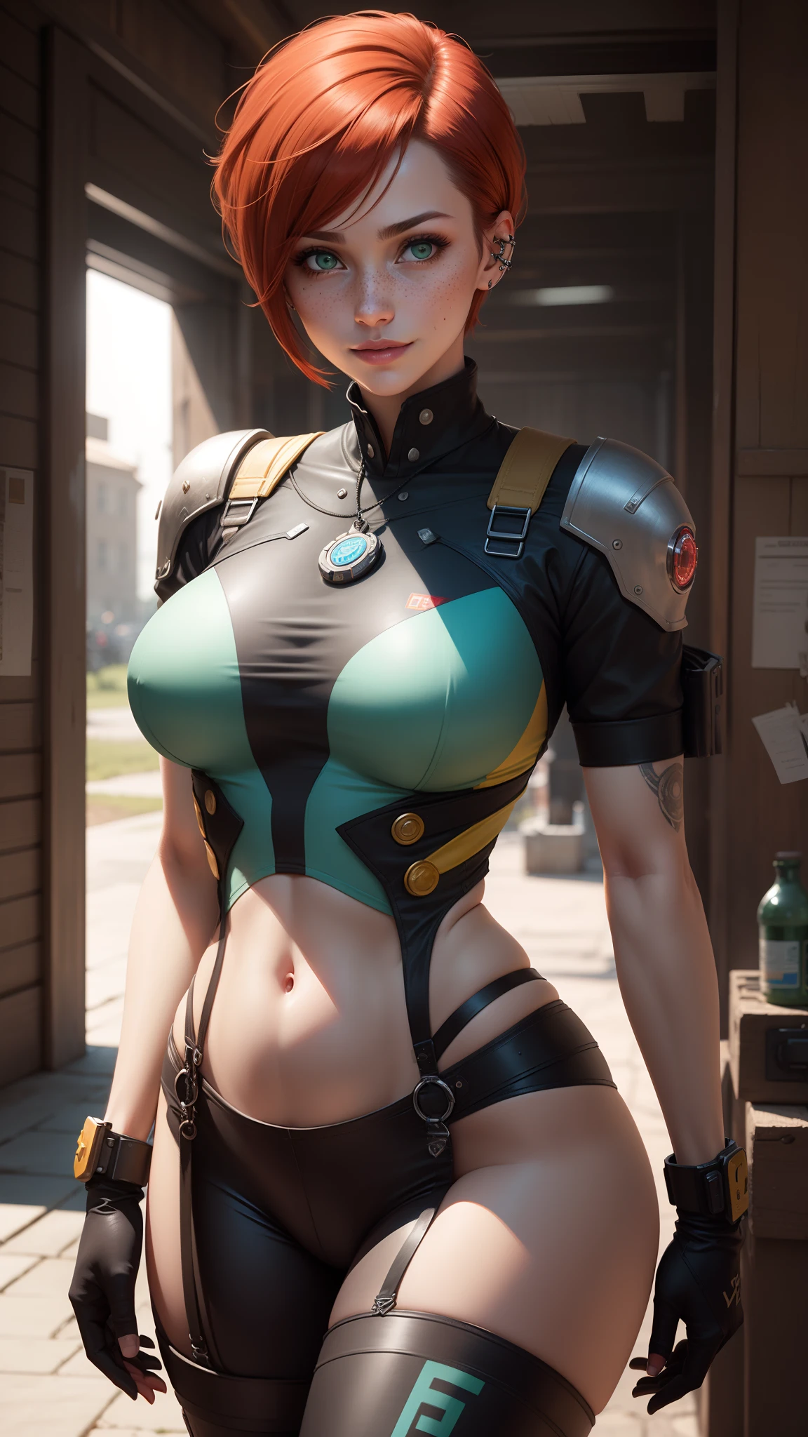 gwen tennyson,1girl,tracer,jill valentine, rebecca chambers,overwatch,resident evil,close up,mecha pilot,body paint, haunted mansion,tattoos,blue and gray plugsuit,hair pin,white short sleeve silk top,steel cargo pants,uncovered belly,short hair,cute makeup,green eyes, red and gold hair,shy smile,freckles, redhead,beautiful girl,large breasts, ultra detailed,realistic,fantasy art, military uniform,steel armor,haunted village,moonlight,police uniform,pilot jacket,ear piercings,