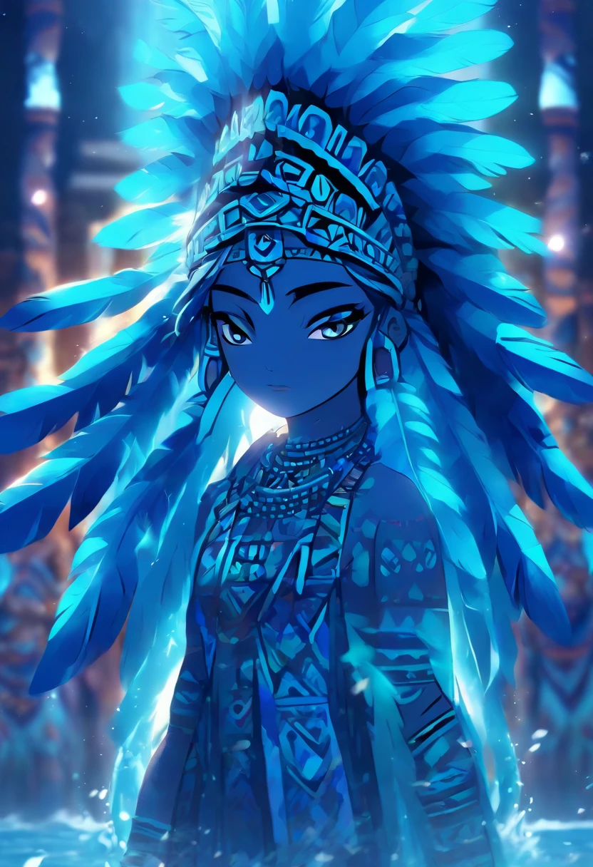 (((Aztec Goddess))) best quality, very high resolution, 4K detailed CG, masterpiece, Aztec mythology, water goddess, Chalchiuhtlicue, blue feathers, Mexico, standing pose, Aztec clothing, Aztec city, (( blue feathers)) , aesthetic, beautiful image, centered on the screen, standing pose