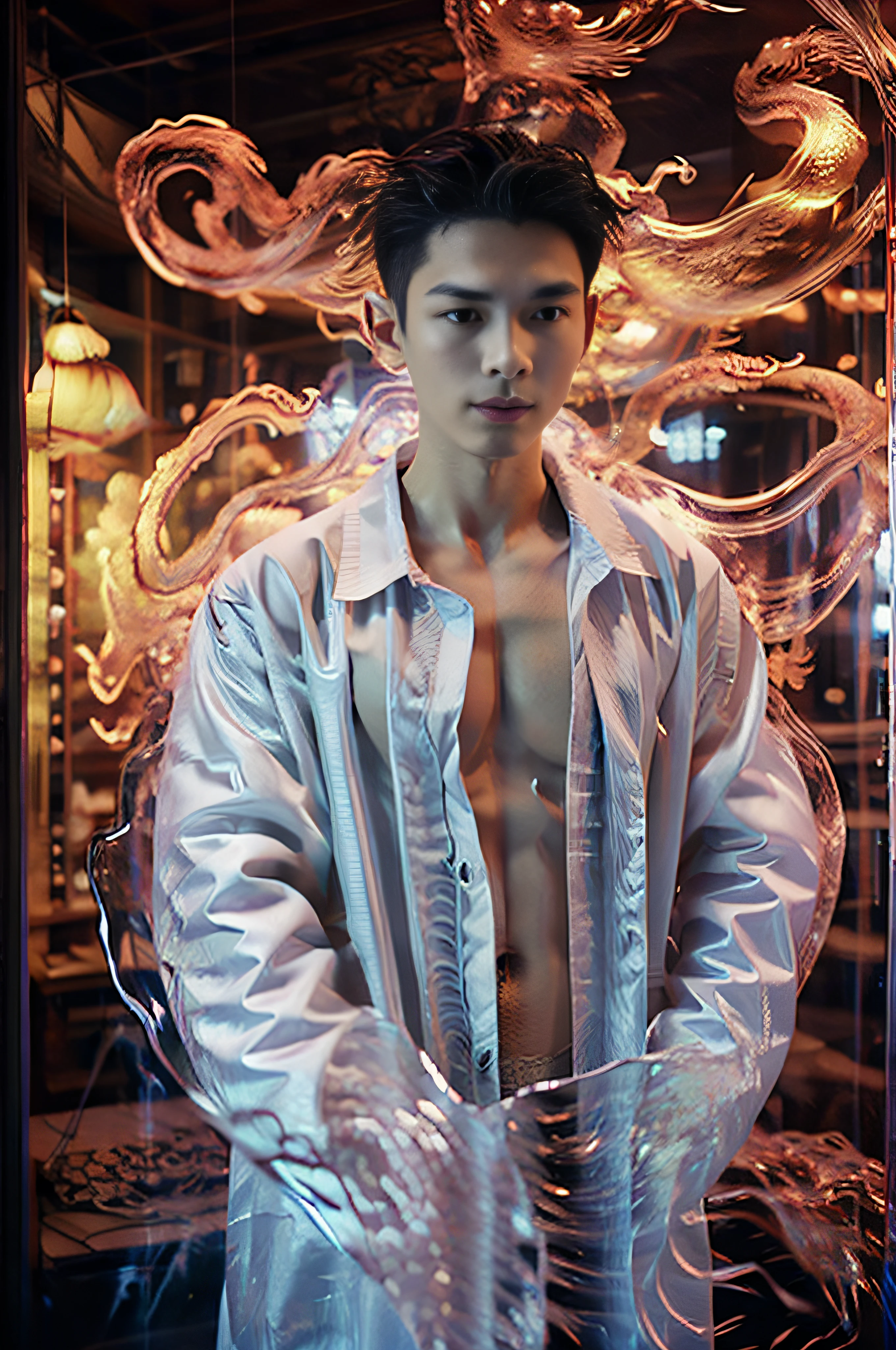 Red Holographic Dragon 2 boy,closeup cleavage,Clear facial features and a delicate face,virile,delicated