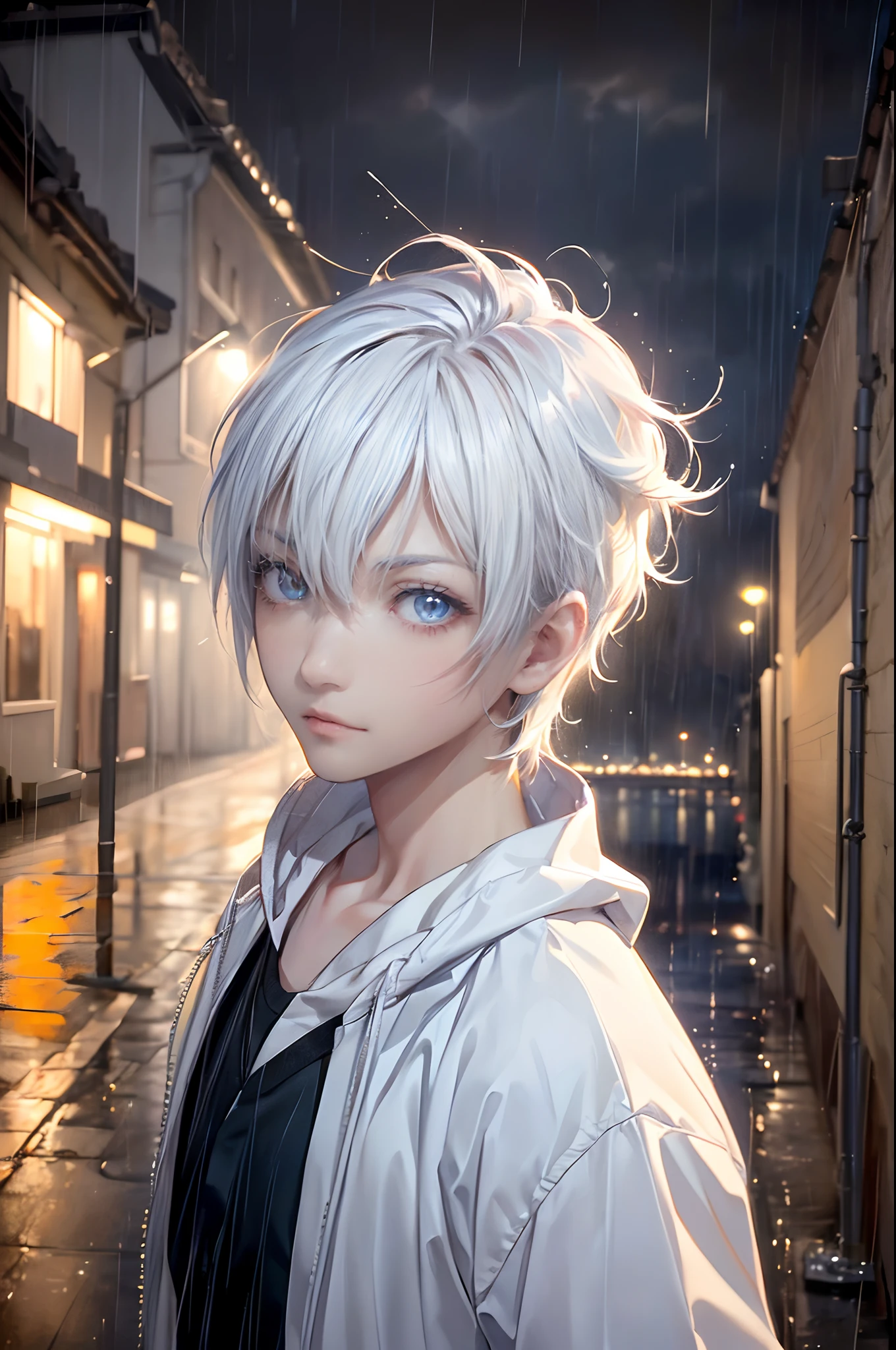 ((4K works))、masterpiece、(top-quality)、One beautiful boy、Slim body、tall、((Black Y-shirt and white pants、Charming street style))、Please wear one jacket、Wearing a hood to hide his face、(Detailed beautiful eyes)、Morning City、((Rainy city))、Fashionable city with morning rain、During the walk、((Bright, Cloudy sky))、((Face similar to Carly Rae Jepsen))、((Short-haired white hair))、((Smaller face))、((Neutral face))、((Bright blue eyes))、((American adult male))、((Adult male 26 years old))、((Cool Men))、((Like a celebrity))、((Glaring expression))、((Korean Makeup))、((elongated and sharp eyes))、((Happy dating))、((boyish))、((Upper body photography))、Professional Photos、((Model photo))、((Shot alone))、((He's under the roof))、((Looking up at the sky))、((photographed from the back))、((He is looking upwards))、((His eyes are looking upwards))、((Increase the angle of the face))、((He is walking in front of the viewer))