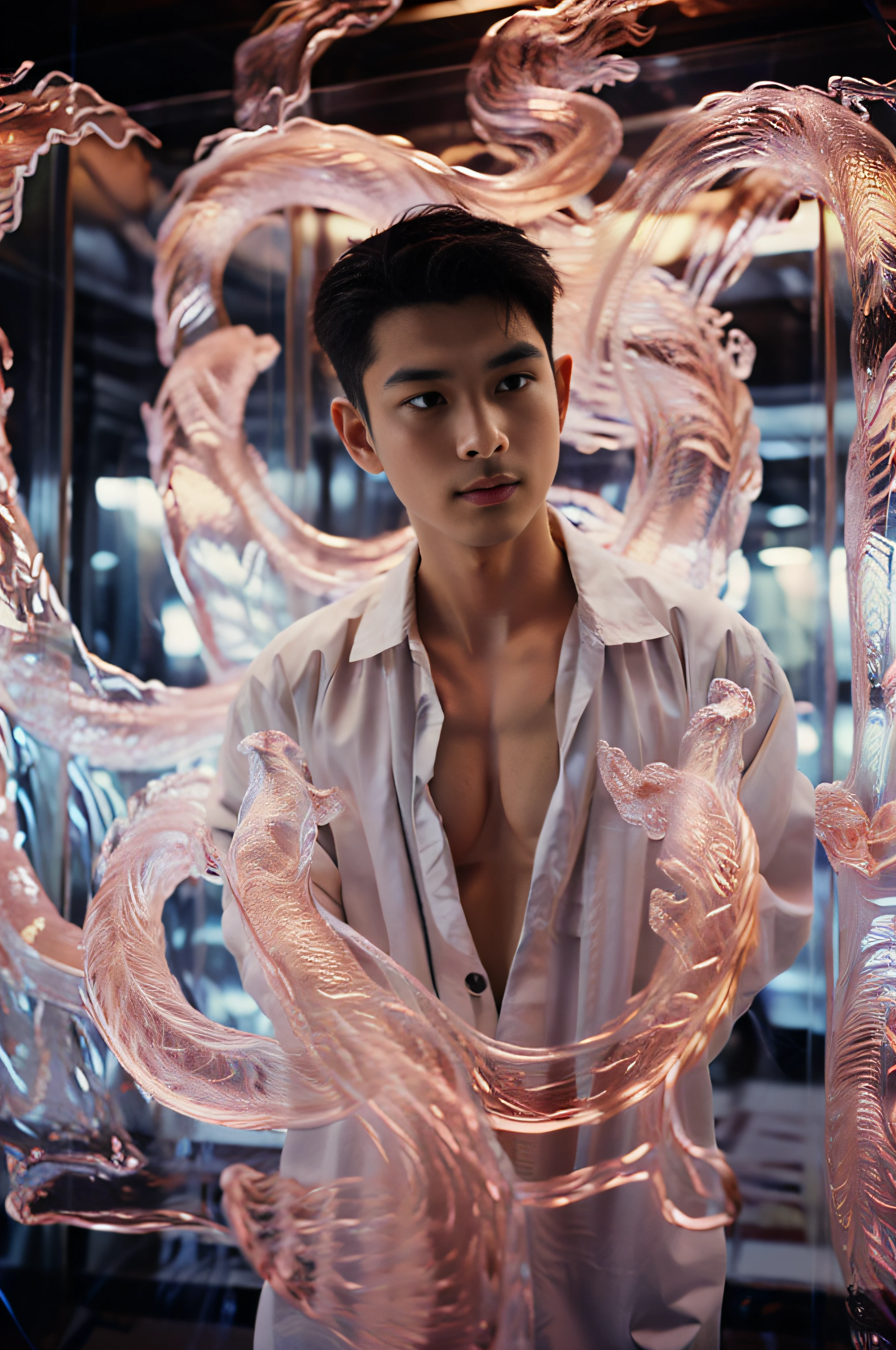 Red Holographic Dragon 2 boy,closeup cleavage,Clear facial features and a delicate face,virile,delicated