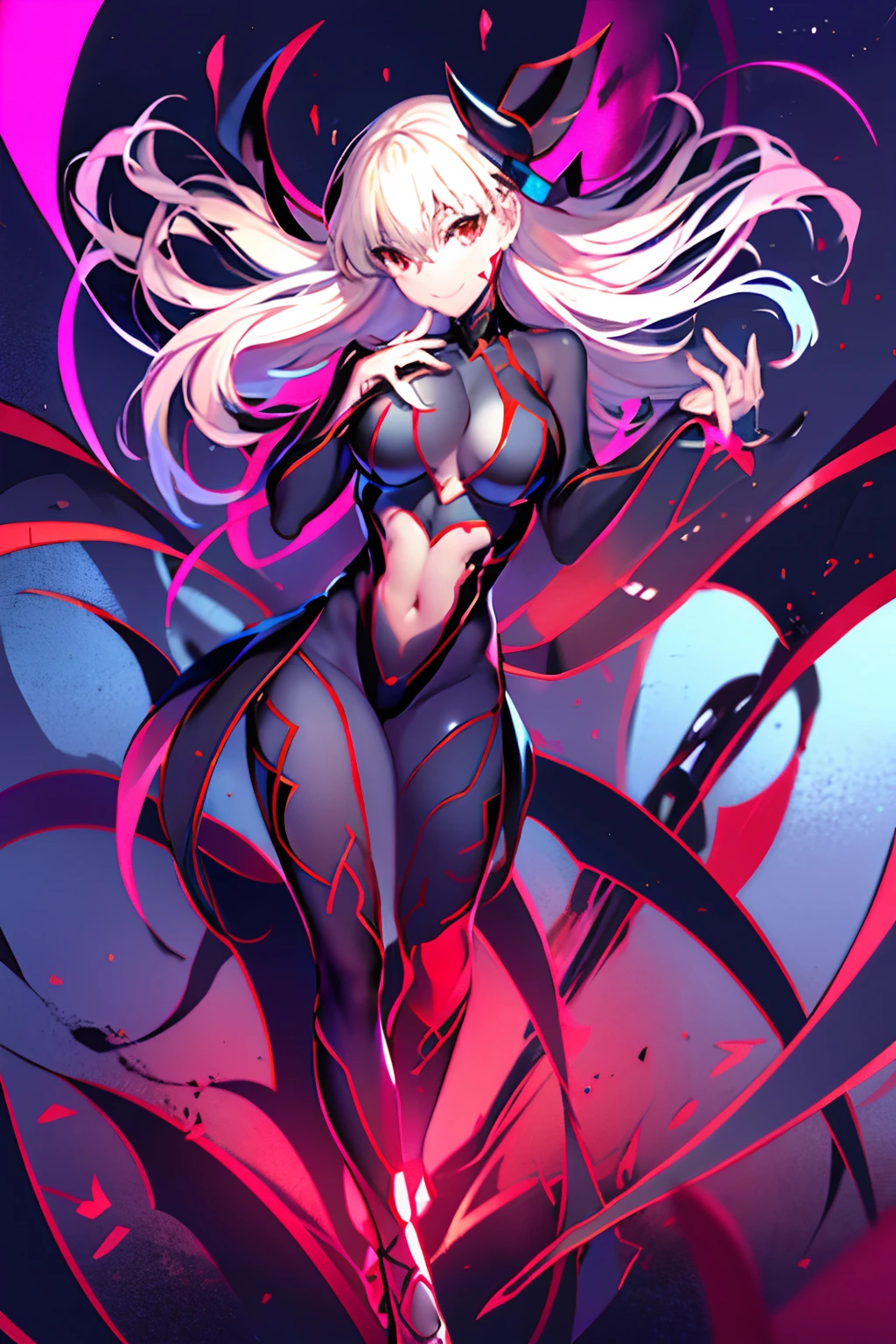 Carefully draw the face 5 girl High-quality faces in anime style a blond Shiny black full body suit Black High Heels Red lines all over the body seductiv a smile Morrigan Aensland