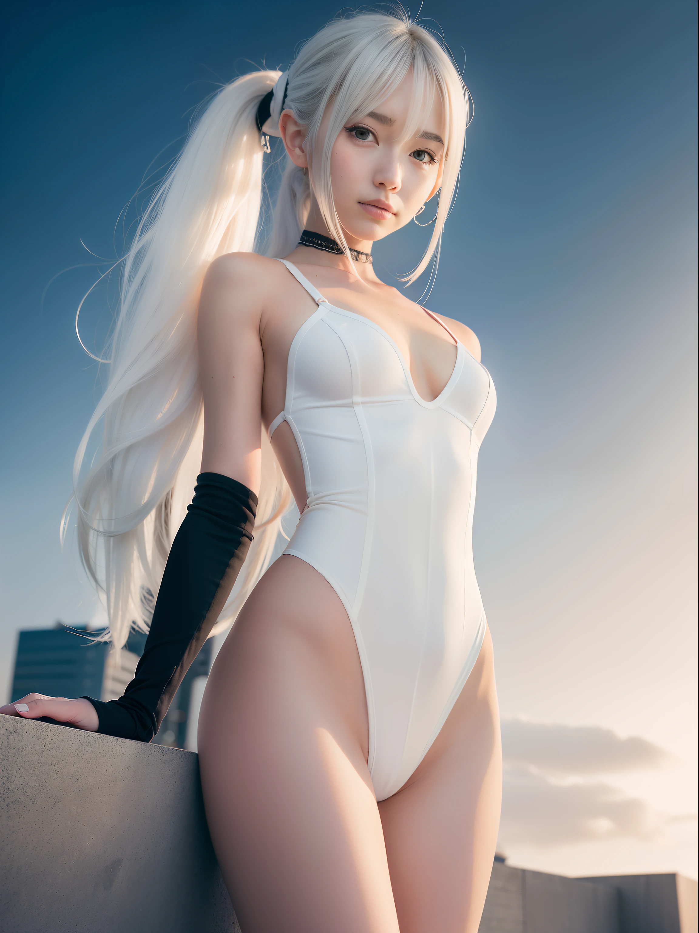 A world of only white, Black and gray(Futuristic Nordic city),20 years girl,masutepiece , Best Quality,The best illustrations(Soft texture),Nahida(GenshinImpact) ,very slender body,tiny chest,Skinny Legs,Long hair ,Side Ponytail, Hair Ornament ,Street, White hair , White hair , hand behind head:1.5,multicolored hair, elf ,Skinny Legs,smil,Tsundere,