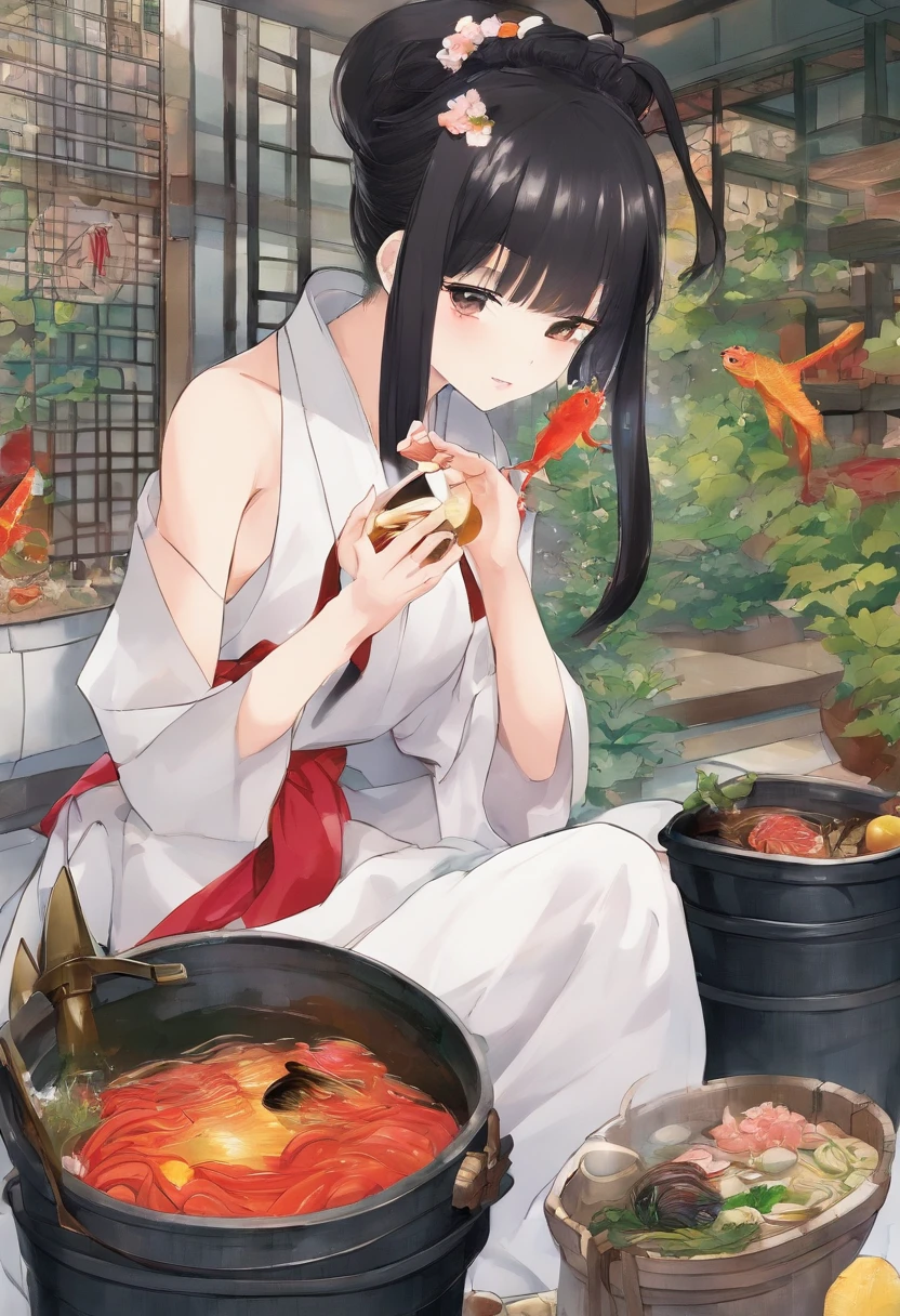 The iron bucket bath contains vegetables and onions，Black-haired dragon girl(a cup) ,Have fun in the Tetsu bath，Next to the iron bucket bath, there is a red-haired loli dragon girl who happily steps on a stool and holds a spoon to stir the water in the iron bucket bath