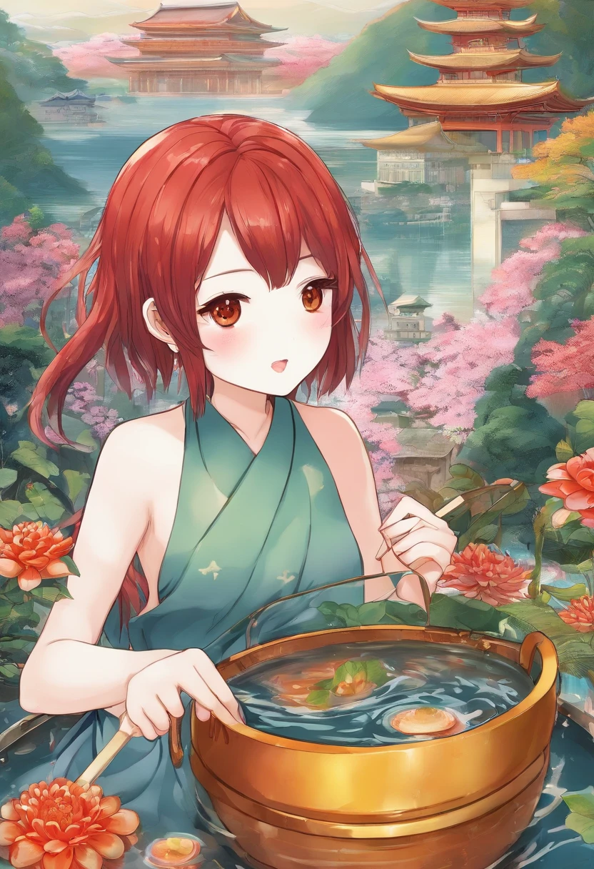 The iron bucket bath contains vegetables and onions,Black-haired dragon girl(a cup) ,Have fun in the Tetsu bath,Next to the iron bucket bath, there is a red-haired loli dragon girl who happily steps on a stool and holds a spoon to stir the water in the iron bucket bath