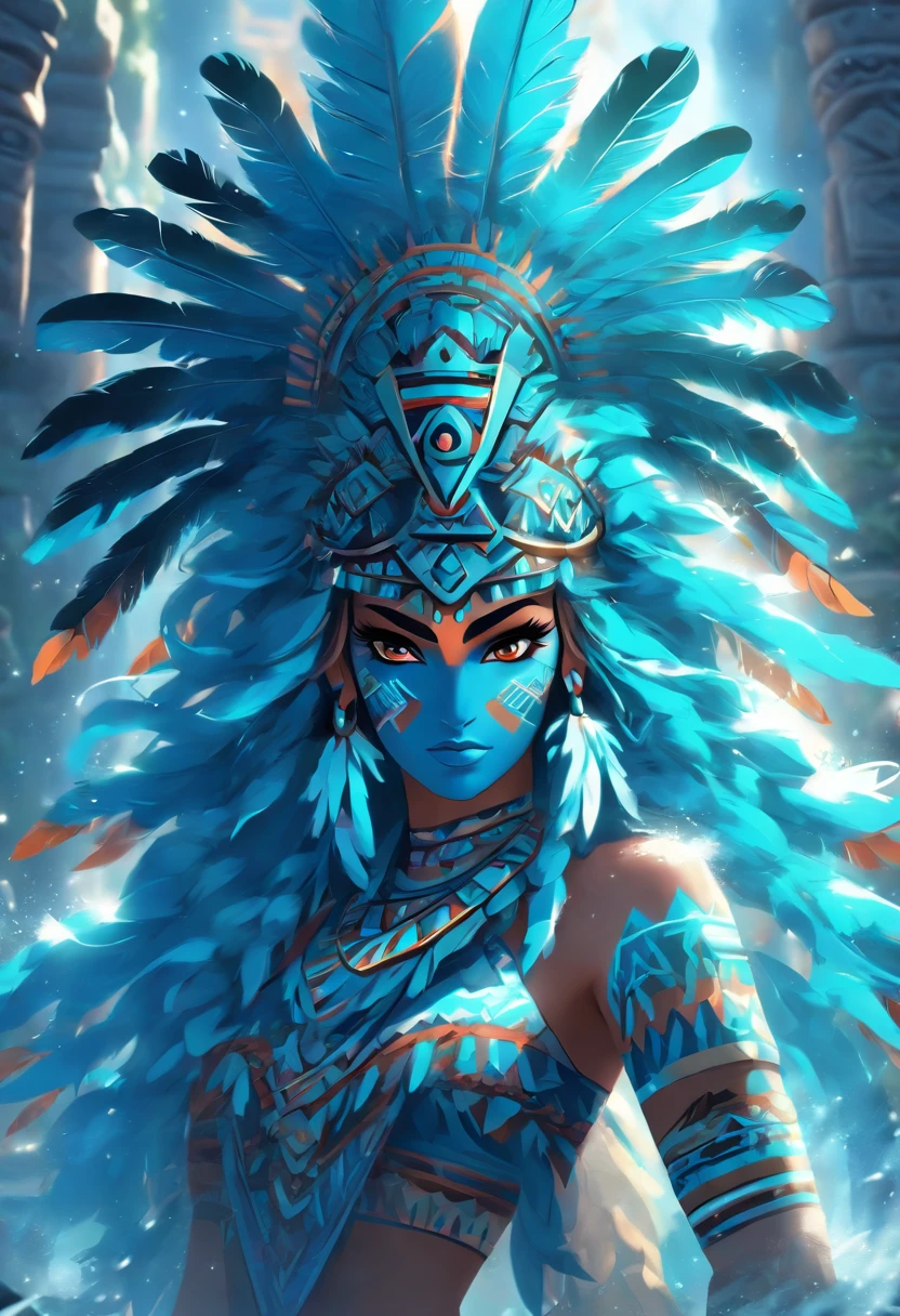 (((Aztec Goddess))) best quality, very high resolution, 4K detailed CG, masterpiece, Aztec mythology, water goddess, Chalchiuhtlicue, blue feathers, Mexico, Aztec clothing, Aztec city, ((standing pose) ), aesthetic, beautiful image, centered on screen, standing pose