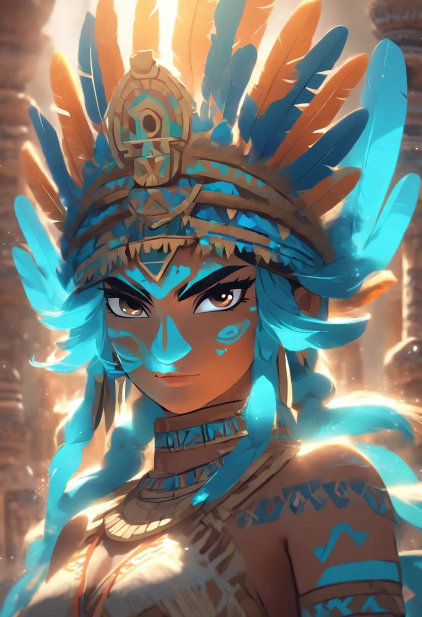 (((Aztec Goddess))) best quality, very high resolution, 4K detailed CG, masterpiece, Aztec mythology, water goddess, Chalchiuhtlicue, blue feathers, Mexico, Aztec clothing, Aztec city, ((standing pose) ), aesthetic, beautiful image, centered on screen, standing pose