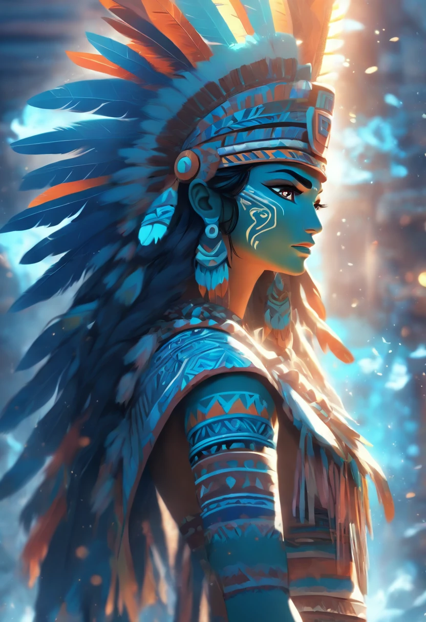 (((Aztec Goddess))) best quality, very high resolution, 4K detailed CG, masterpiece, Aztec mythology, water goddess, Chalchiuhtlicue, blue feathers, Mexico, Aztec clothing, Aztec city, ((standing pose) ), aesthetic, beautiful image, centered on screen, standing pose