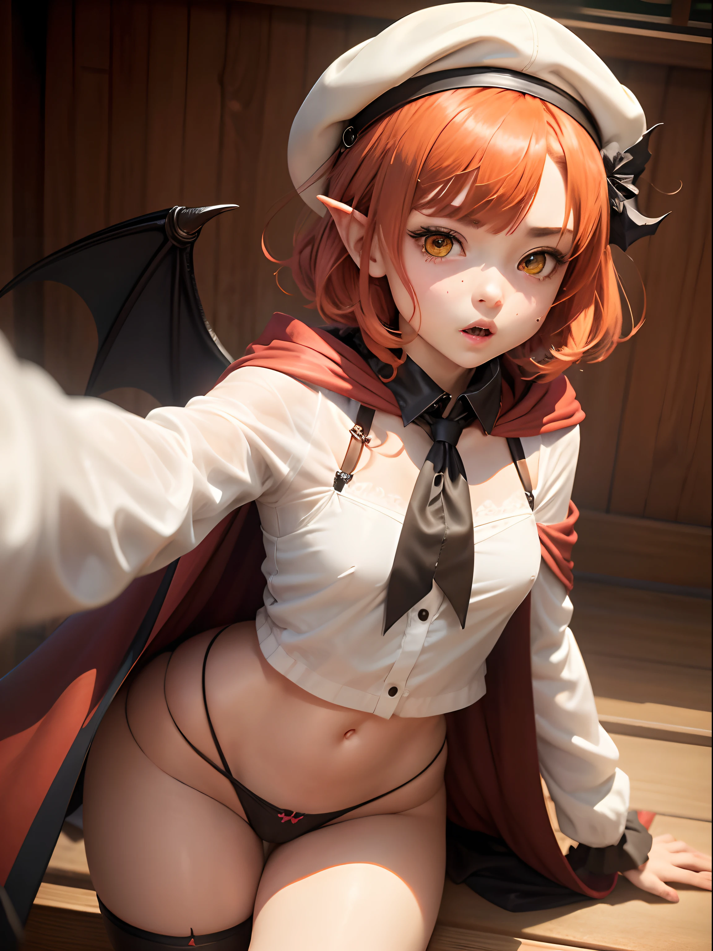 masutepiece, Best Quality, 1girl in, Solo, Yellow eyes, Red hair, Medium chest, Demon Girl, demon tail, Demon Wings, small demonic horns, pointy ear,Twin-tailed, Bat hair ornament, Cape, White shirt, White legwear, stuffed toy, plushies, beret, gloves, Bangs, short-hair,hat ,(Soft skin texture),Open your crotch,,urinate,Foam on the body,Sex in bed,Open the crotch,White foam flows out of the crotch,Gel bukkake,pissing,AHE Face,Open your crotch and press it against the camera,climax,,convulsion、Squirting,in onsen,