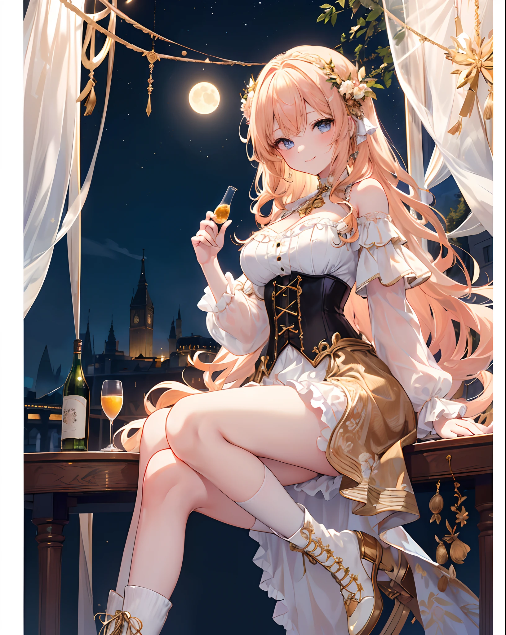 High quality, clear details, high resolution, only one girl (about 18 years old, big breasts, long peach-coloured hair (weak curls at the ends), floral hairpiece, dark blue eyes, tawny eyes, 2 white:1 black off-the-shoulder dress, white corset, gold decoration throughout, white high socks, white boots, gold embroidery). Situations (subjective, frontal, girl-centred viewpoint, smiling, flushed, bottle of liquor in hand, one foot on table. Background (night, outdoor terrace, alone, moon, food around).