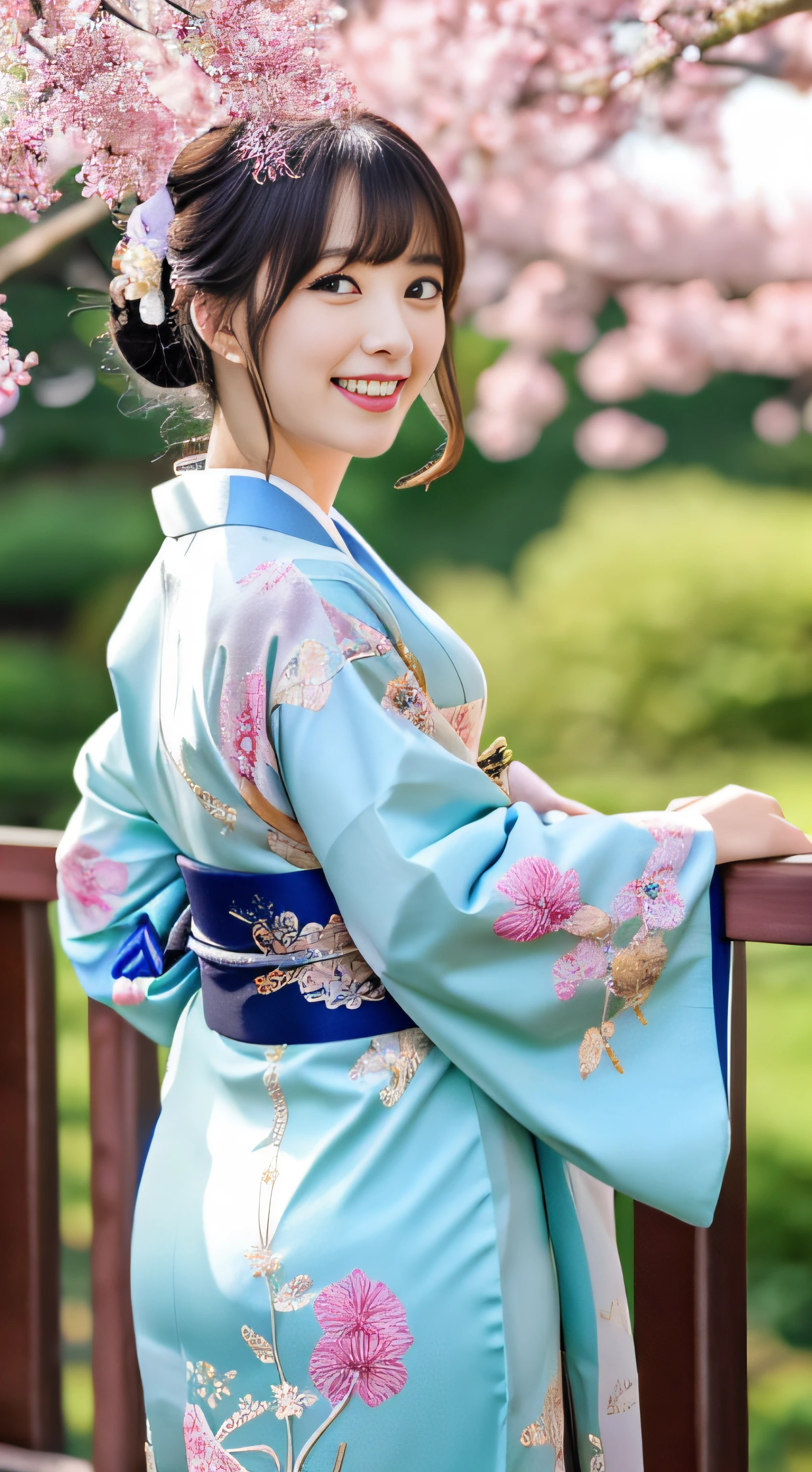 mastserpiece、ultra high realistic、in 8K、High resolution CG Unity 8k wallpapers、top-quality、Raw photo、natural soft light、Japanese ido、Sexy Body Girl、Princess of the Japan、Elegant traditional kimono with floral embroidery、(Intricate details of kimono)、Bangs are、Cut in a straight line with chin on both sides、A smile that shows perfect teeth、Himeji Castle in the background、(full body Esbian)