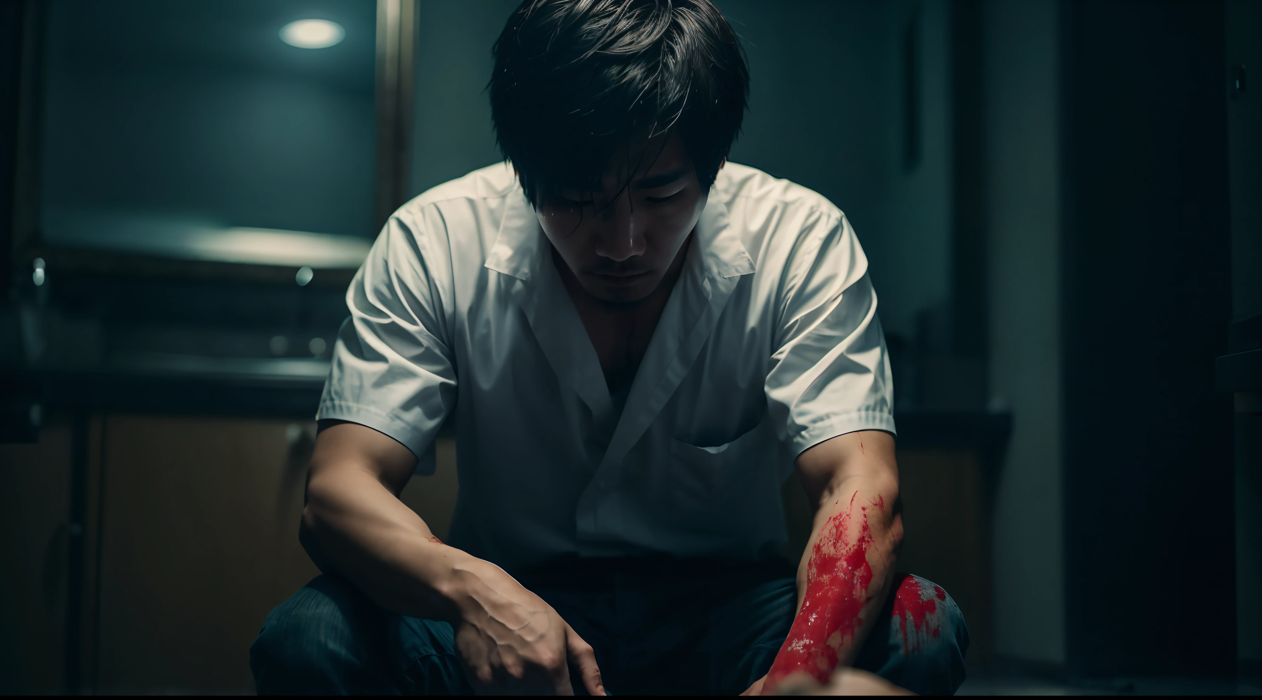 Capture the intense emotion of a Korean man who has committed a grave act. He sits on the cold bathroom floor, his face a mix of deep sadness and confusion. His left hand bears a crimson mark, serving as a stark reminder of his actions. In the dimly lit room, the large wall mirror reflects his tormented expression, intensifying the emotional impact. It's evening, and the scene is shrouded in darkness, save for a faint, eerie glow from outside. The floor is stained with blood, and his white Korean-style shirt is marred. The man contemplates his deeds with a heavy heart. Convey the profound sense of sorrow and inner turmoil through your composition.