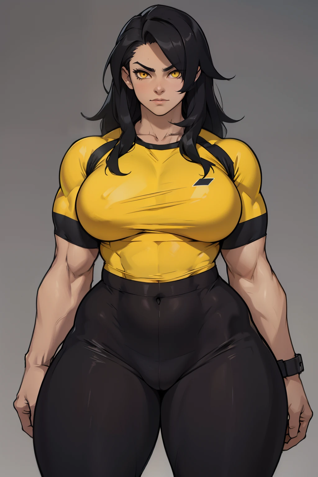 (1girl bodybuilder muscular curvy wide hips thick thighs huge breasts) pale skin black hair very long hair yellow eyes grey background tight shirt tight pants