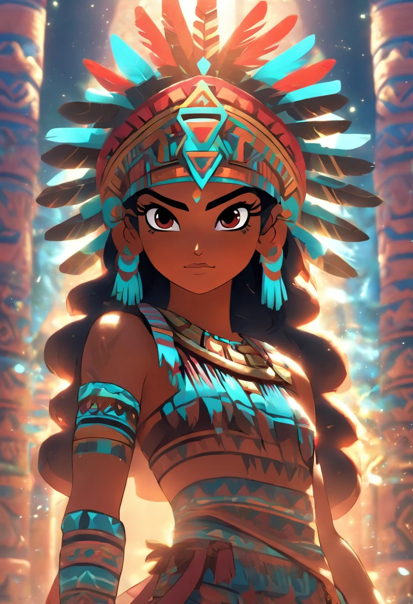 (((Aztec Goddess))) best quality, very high resolution, 4K detailed CG, masterpiece, Aztec mythology, goddess of love, Xochiquetzal, Mexico, Aztec clothing, Aztec city, ((standing pose)), aesthetic , beautiful image, centered on the screen, standing pose