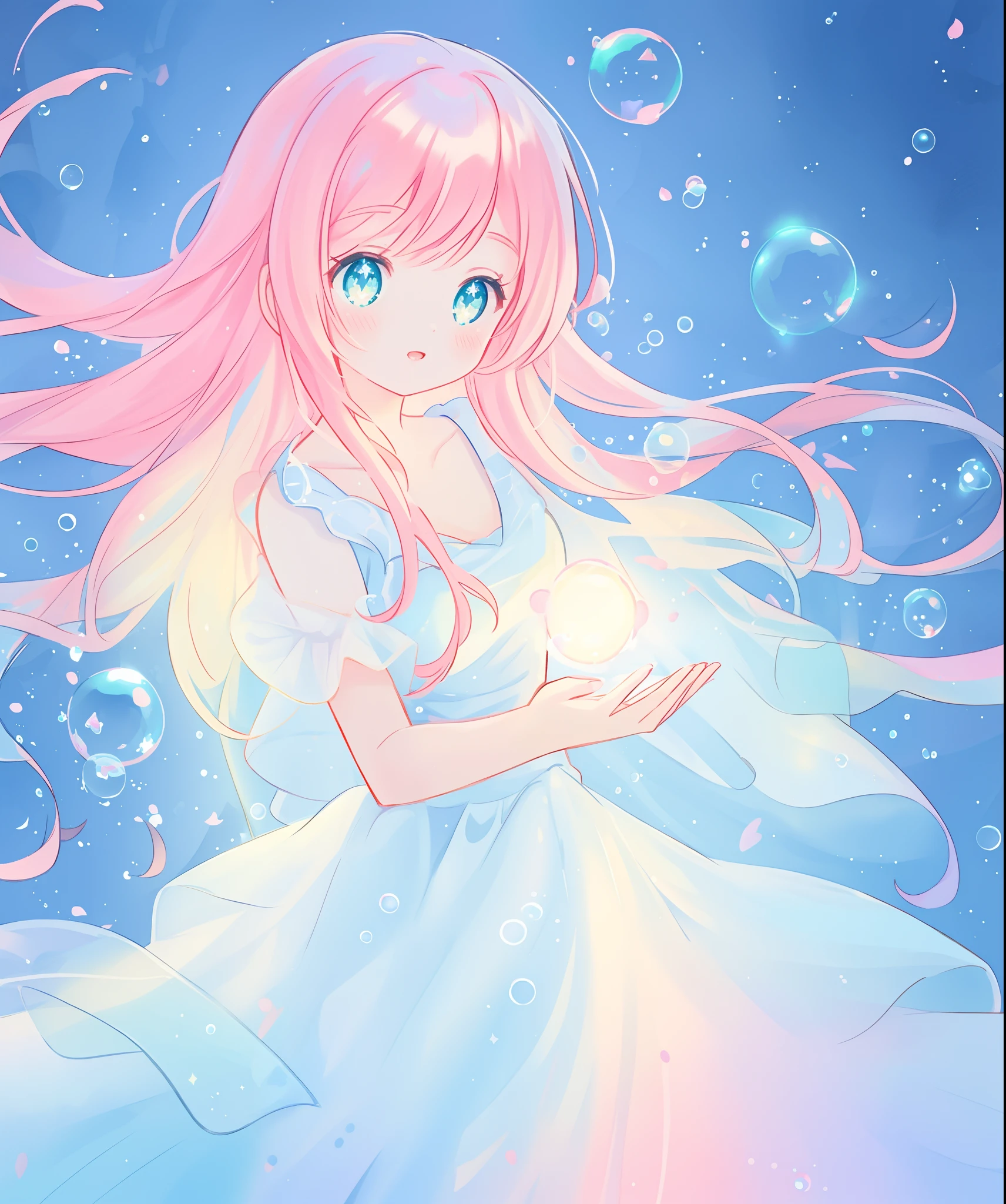beautiful anime girl in colorful liquid dress, vibrant pastel colors, flowing long pink peach hair, beautiful white layered ballgown, (colorful), magical lights, sparkling lines of light, inspired by Glen Keane, inspired by Lois van Baarle, disney art style, by Lois van Baarle, glowing aura around her, by Glen Keane, jen bartel, glowing lights! digital painting, flowing glowing hair, glowing flowing hair, beautiful digital illustration, fantasia background, whimsical, magical, fantasy, beautiful face, ((masterpiece, best quality)), intricate details, highly detailed, sharp focus, 8k resolution, sparkling detailed eyes, liquid watercolor, (((bubbles)))