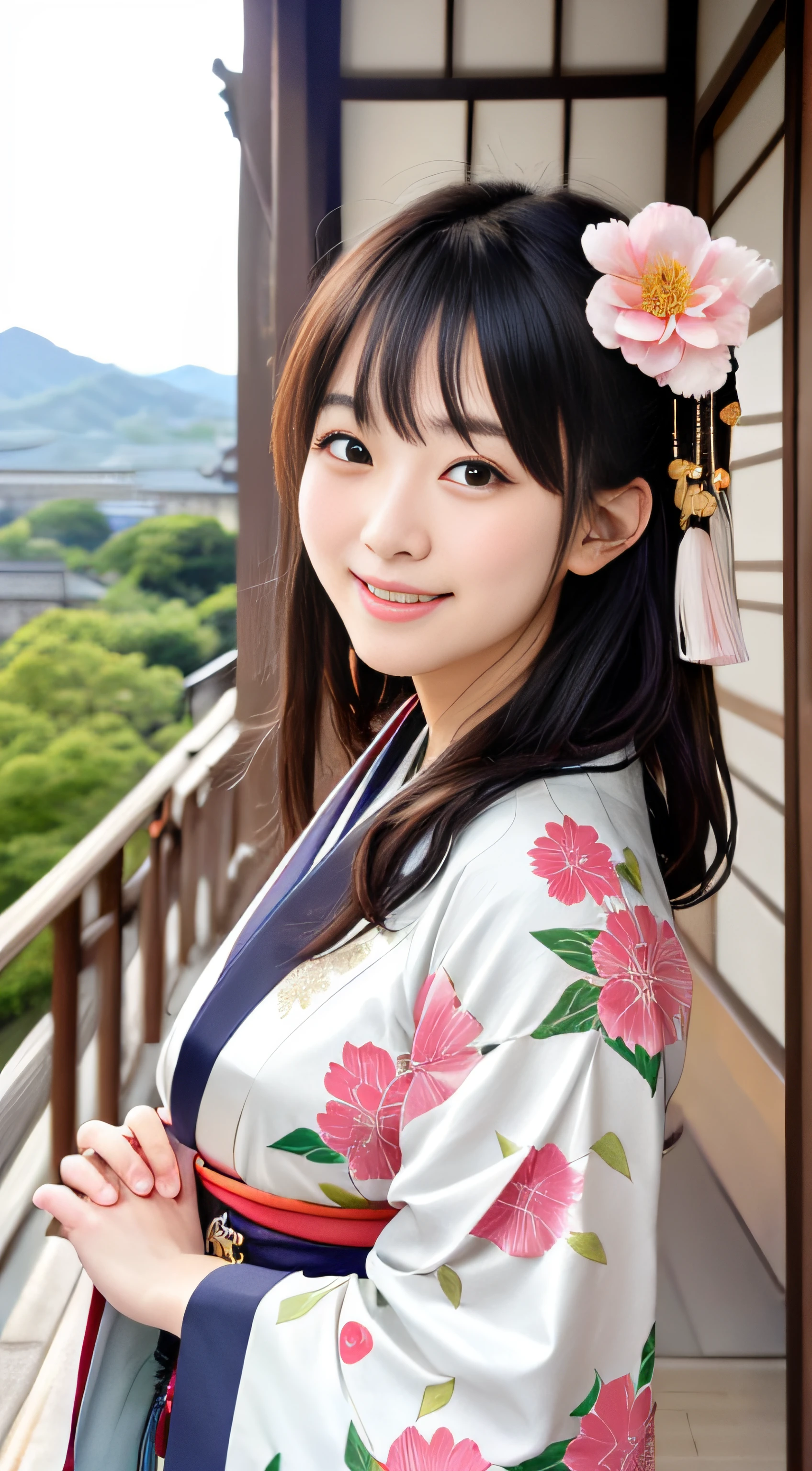 mastserpiece、ultra high realistic、in 8K、High resolution CG Unity 8k wallpapers、top-quality、Raw photo、natural soft light、Japanese ido、Sexy Body Girl、Princess of the Japan、Elegant traditional kimono with floral embroidery、(Intricate details of kimono)、Haori with a long hem、Bangs are、Cut in a straight line with chin on both sides、A smile that shows perfect teeth、Himeji Castle in the background、full body Esbian
