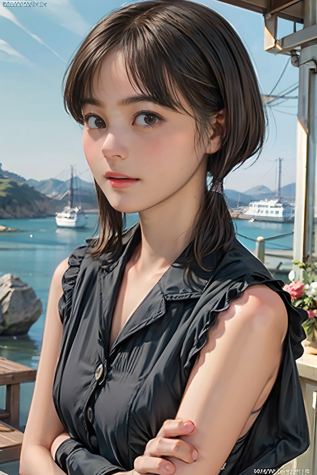 34
(Shorthair:1.23), (30-year-old woman with), (A hyper-realistic), (Masterpiece), (8KUHD), Being on the coast, (breast:1.23), serene expressions