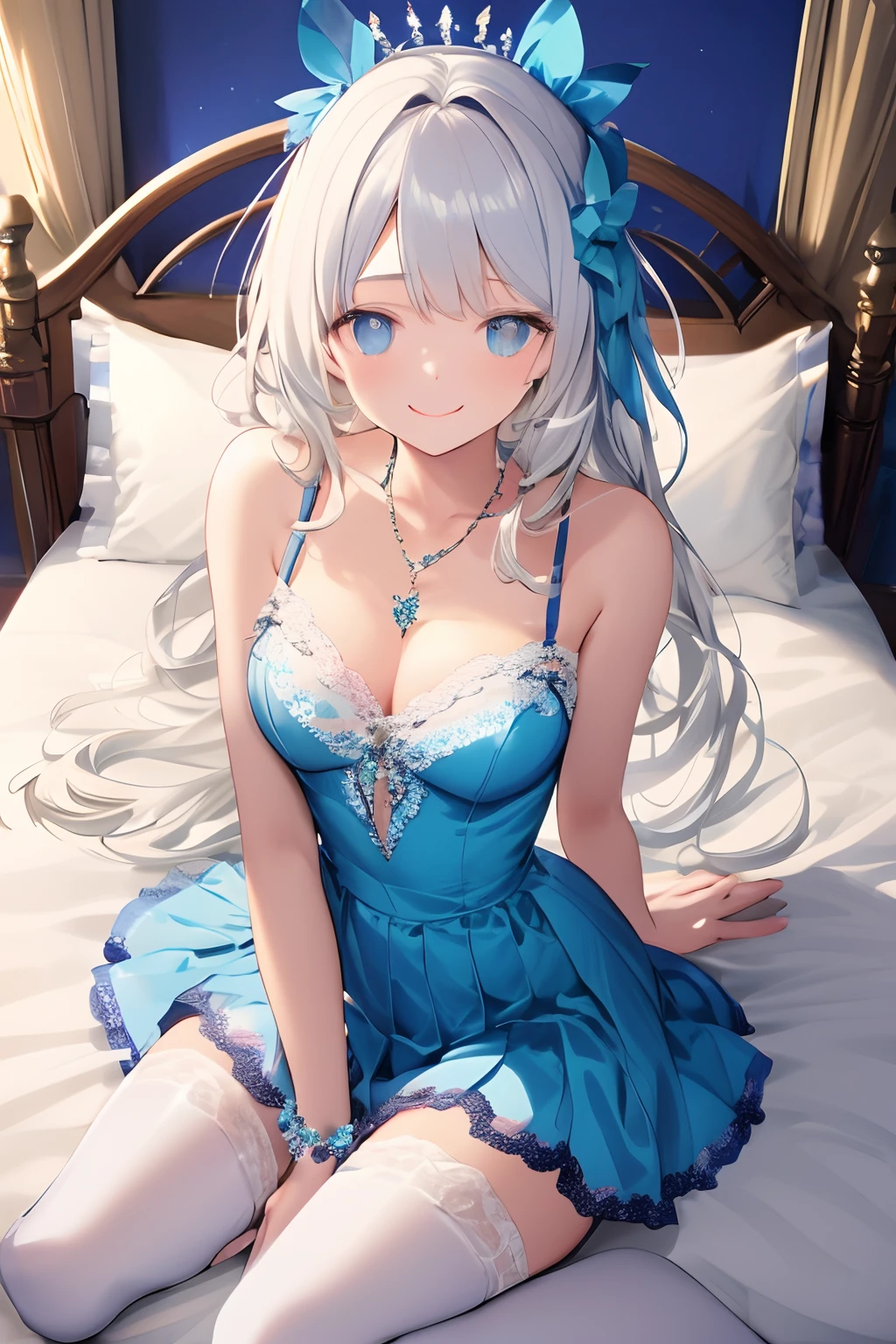 Glowing blue butterfly，Blue sexy nightdress，1girll，blue color eyes，long  white hair，indoor room，Lie down in bed， Blush, Smile, cheerfulness, Masterpiece, Best quality, There is a gemstone necklace around the neck，A high resolution,Detail enhancement，best qualtiy，Perfect image quality，Elegant and lightweight miniskirt，Beautiful and gentle，pantiess，leg wide open，seductiv，Lace，lacepantyhose，Rich，brightly，splendid