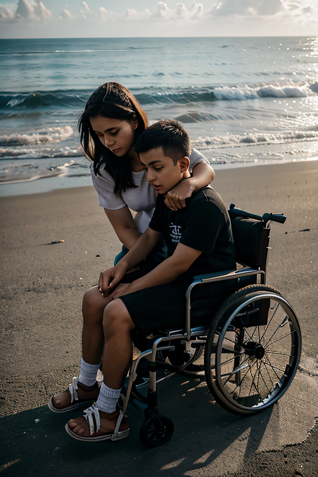 a poor mother and her son in wheelchair far away near the seashore