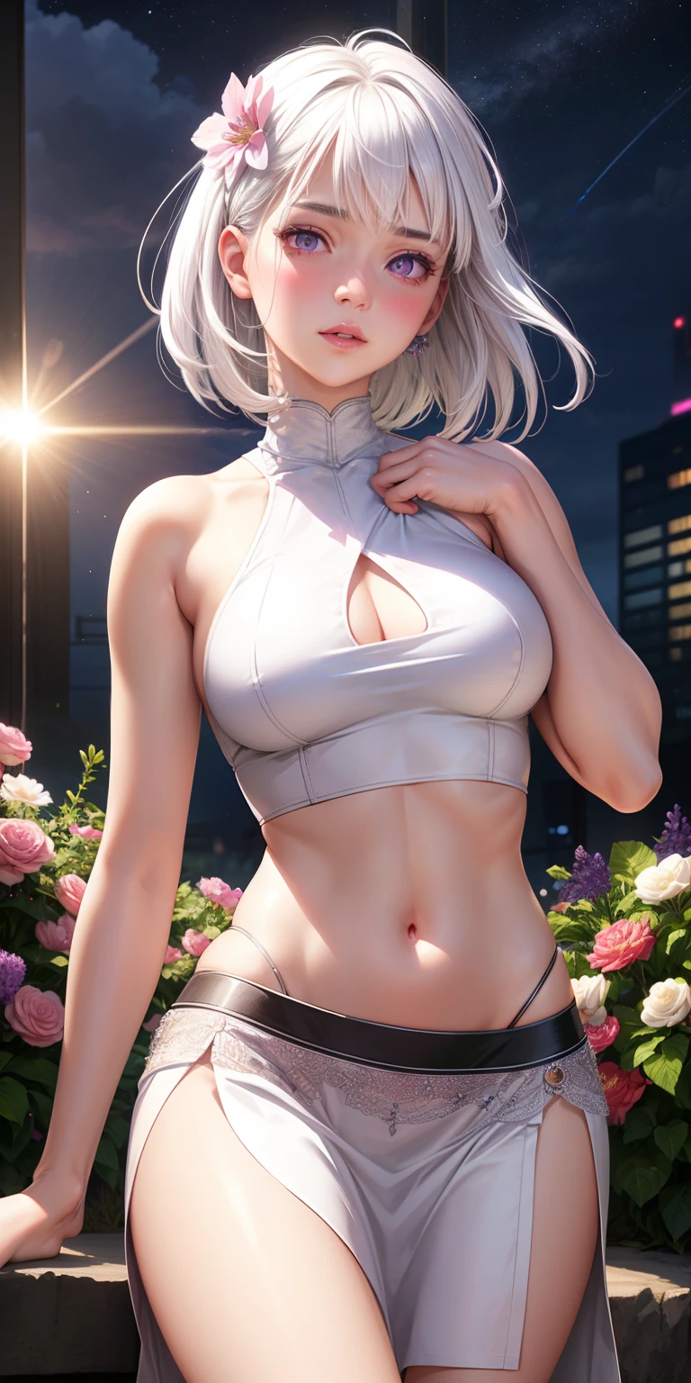 realistic, 1girl, white hair, purple eyes, glowing eyes, crop top, skirt, parted lips, blush, night, flowers, sun, sunlight,nude