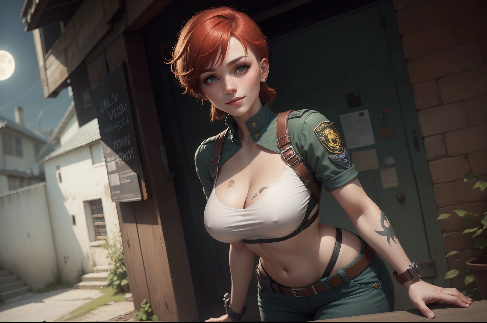 gwen tennyson,1girl,tracer,jill valentine, rebecca chambers,overwatch,resident evil,close up,mecha pilot,body paint, haunted mansion,tattoos,blue and gray plugsuit,hair pin,white short sleeve silk top,steel cargo pants,uncovered belly,short hair,cute makeup,green eyes, red and gold hair,shy smile,freckles, redhead,beautiful girl,large breasts, ultra detailed,realistic,fantasy art, military uniform,steel armor,haunted village,moonlight,police uniform,pilot jacket,ear piercings,