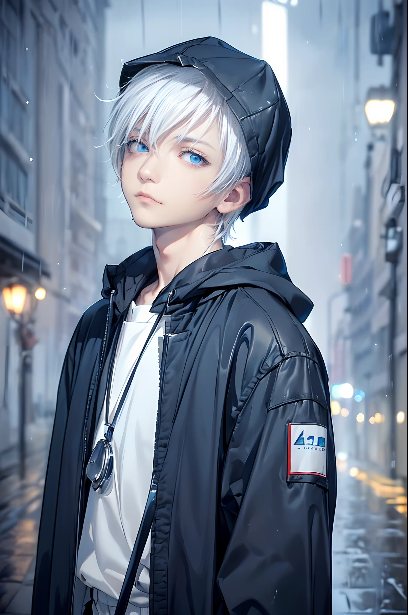 ((4K works))、masterpiece、(top-quality)、One beautiful boy、Slim body、tall、((Black Y-shirt and white pants、Charming street style))、Please wear one jacket、Wearing a hood to hide his face、(Detailed beautiful eyes)、Morning City、((Rainy city))、Fashionable city with morning rain、During the walk、((Bright, Cloudy sky))、((Face similar to Carly Rae Jepsen))、((Short-haired white hair))、((Smaller face))、((Neutral face))、((Bright blue eyes))、((American adult male))、((Adult male 26 years old))、((Cool Men))、((Like a celebrity))、((Glaring expression))、((Wild look))、((Korean Makeup))、((elongated and sharp eyes))、((Happy dating))、((boyish))、((Upper body photography))、Professional Photos、((Model photo))、((Shot alone))、((He's under the roof))、((Looking up at the sky))、((photographed from the back))、((He is looking upwards))、((His eyes are looking upwards))、((Increase the angle of the face))、((He is walking in front of the viewer))