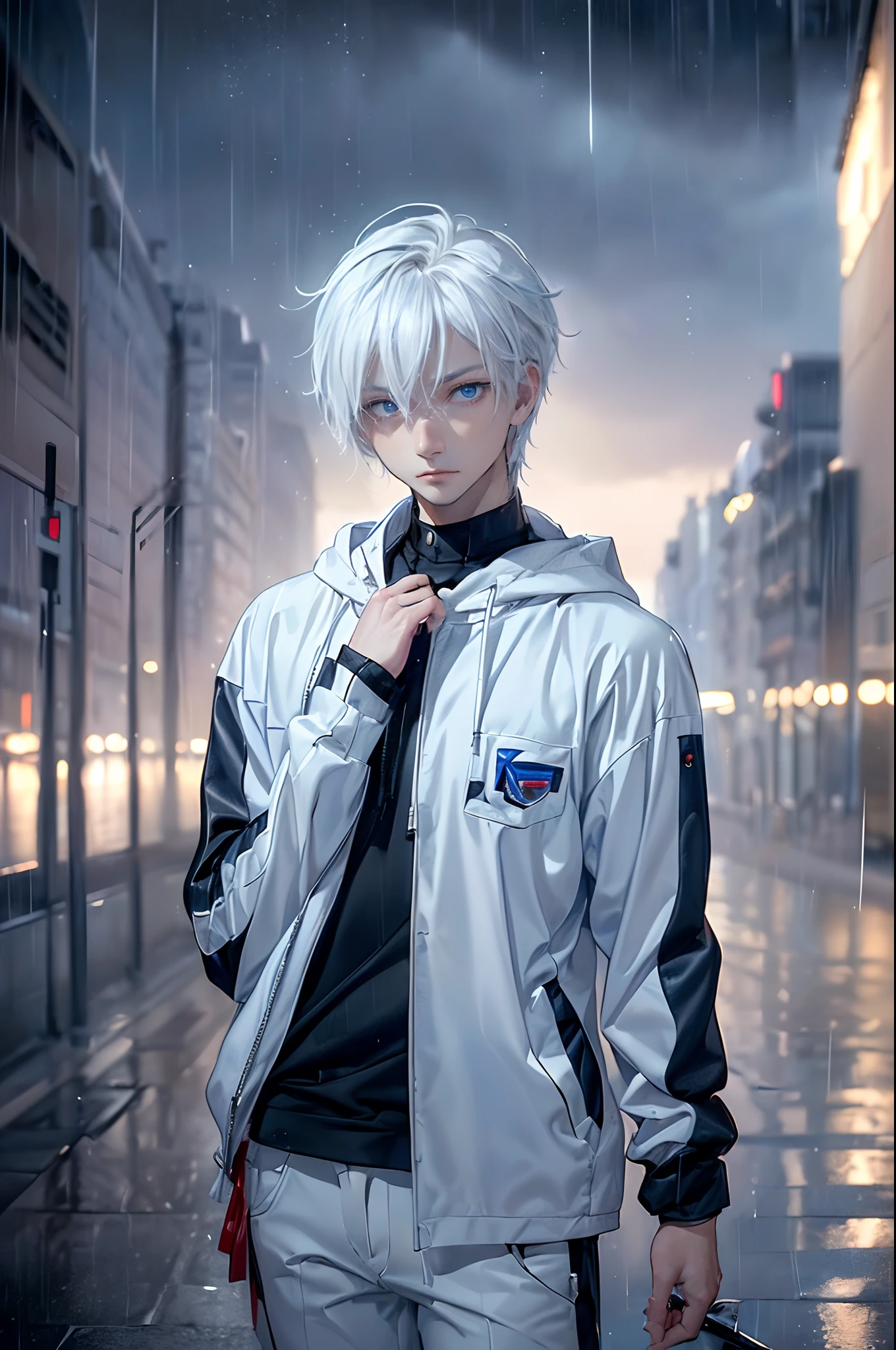 ((4K works))、​masterpiece、(top-quality)、One beautiful boy、Slim body、tall、((Black Y-shirt and white pants、Charming street style))、Please wear one jacket、Wearing a hood to hide his face、(Detailed beautiful eyes)、Morning City、((Rainy city))、Fashionable city with morning rain、During the walk、((Bright, Cloudy sky))、((Face similar to Carly Rae Jepsen))、((Short-haired white hair))、((Smaller face))、((Neutral face))、((Bright blue eyes))、((American adult male))、((Adult male 26 years old))、((Cool Men))、((Like a celebrity))、((Glaring expression))、((Wild look))、((Korean Makeup))、((elongated and sharp eyes))、((Happy dating))、((boyish))、((Upper body photography))、Professional Photos、((Model photo))、((Shot alone))、((He's under the roof))、((Looking up at the sky))、((photographed from the back))、((He is looking upwards))、((His eyes are looking upwards))、((Increase the angle of the face))、((He is walking in front of the viewer))