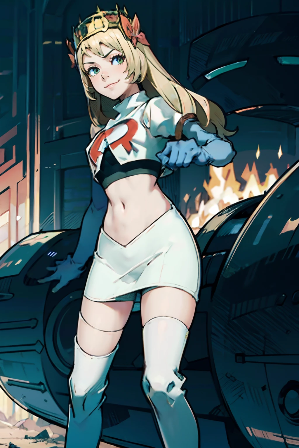 celine_engage ,1girl,team rocket,team rocket uniform,white skirt,crop top,black thigh-highs,black elbow gloves ,evil smirk,