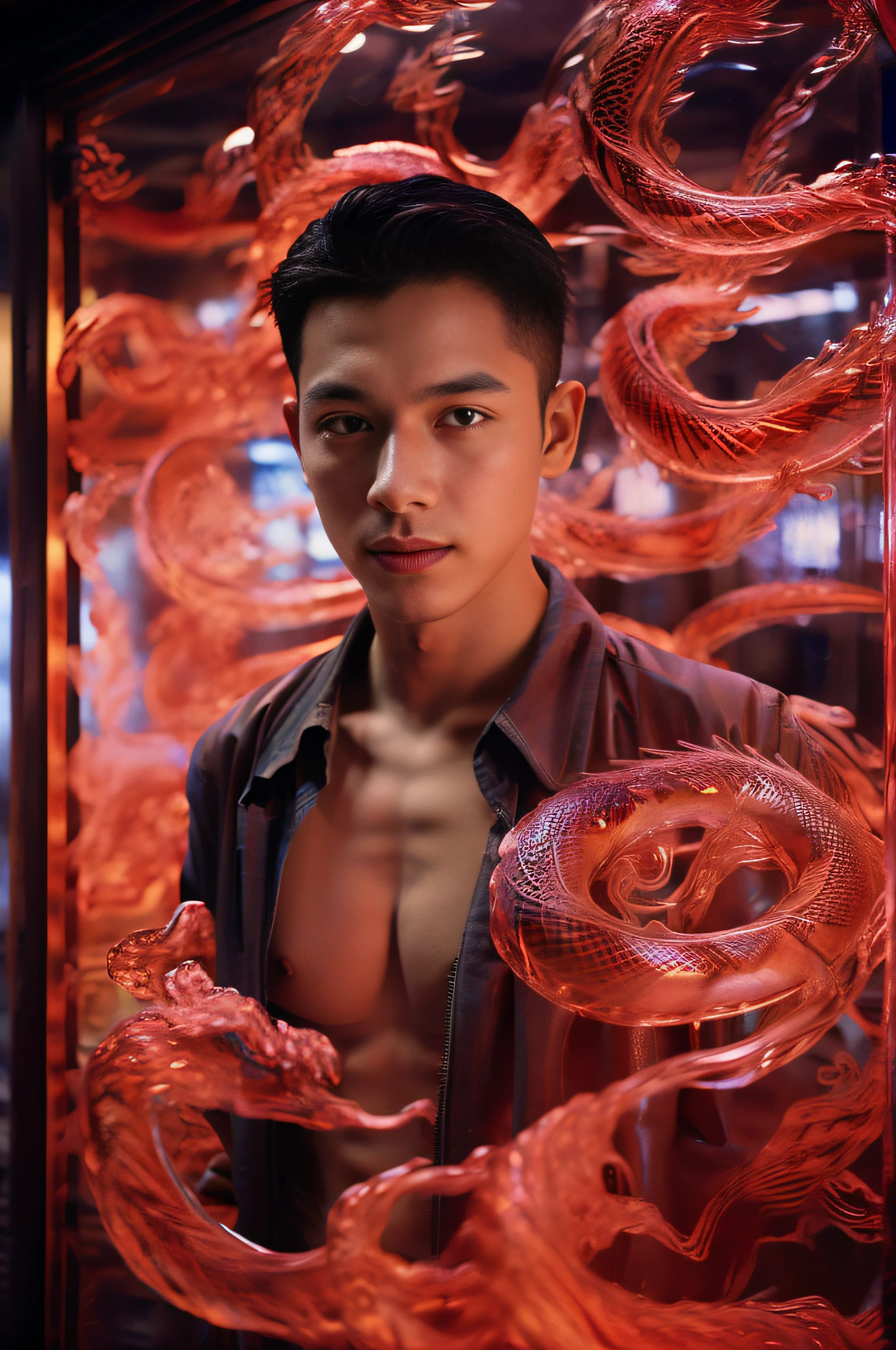 Red Holographic Dragon 2 boy，closeup cleavage，Clear facial features and a delicate face，virile，delicated