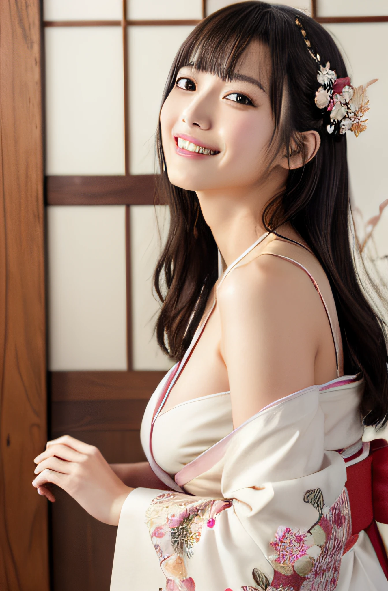 mastserpiece、ultra high realistic、8K、High Resolution CG Unity 8K Wallpapers、top-quality、Raw photo、(full body Esbian)、Japanese ido、Sexy Body Girl、Princess of the Japan、Wear a hanging over an elegant traditional kimono with floral embroidery、(Intricate details of kimono)、Bangs are、Cut in a straight line with chin on both sides、A smile that shows perfect teeth、The background is the castle of Japan