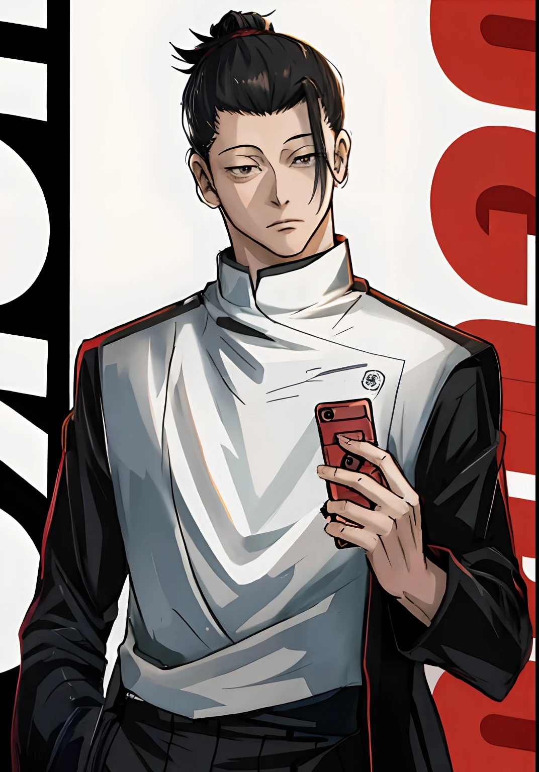 anime character holding a cell phone in front of a poster,black hair, manbun hair, geto suguru, jujutsu kaisen anime image,official art, geto suguru Portrait