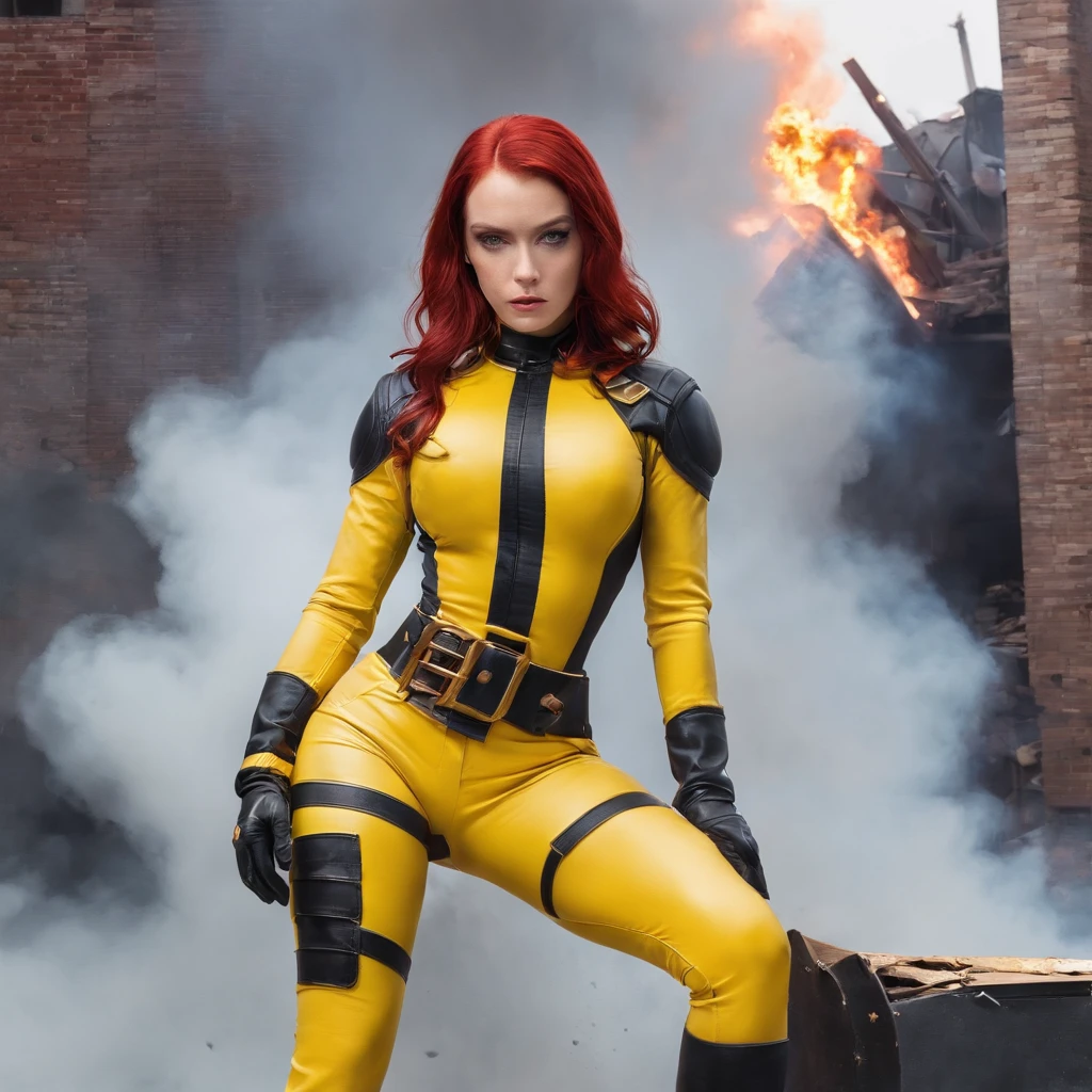 beautiful red haired jean gray wearing her official 1990's x-men comic-book costume in yellow latex cameltoe catsuit, black belt with big round X logo buckle, and yellow boots ,(use costume reference: https://www.comic-images.com/files/2016/07/JeanGreyCosplay.jpg ) sexy wide leg pose, climbing on debris and rubble collapsed building 911 wtc collapse, smoke and fire around her,, worms eye view, , low-angle shot, wide-angle shot, dramatic angle, extreme angle shot, warzone (cyberpunk aesthetic)