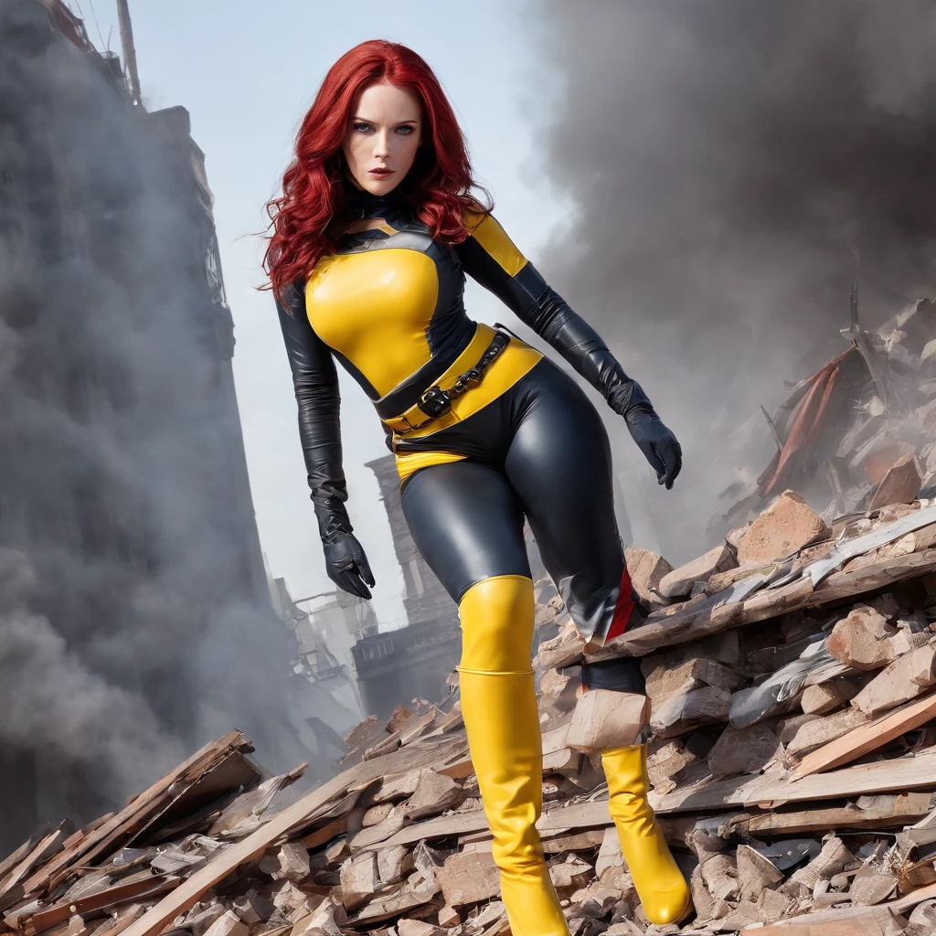 beautiful red haired jean gray wearing her official 1990's x-men comic-book costume in yellow latex cameltoe catsuit, black belt with big round X logo buckle, and yellow boots ,(use costume reference: https://www.comic-images.com/files/2016/07/JeanGreyCosplay.jpg ) sexy wide leg pose, climbing on debris and rubble collapsed building 911 wtc collapse, smoke and fire around her,, worms eye view, , low-angle shot, wide-angle shot, dramatic angle, extreme angle shot, warzone (cyberpunk aesthetic)