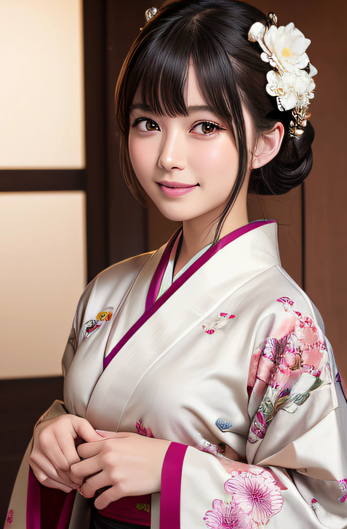 mastserpiece、ultra high realistic、8K、High Resolution CG Unity 8K Wallpapers、top-quality、Raw photo、full bodyesbian、Japanese ido、Sexy Body Girl、Princess of the Japan、Elegant traditional kimono wearing flower embroidery、(Intricate details in kimono)、Bangs are aligned and cut in a straight line with chin on both sides、A smile that shows perfect teeth