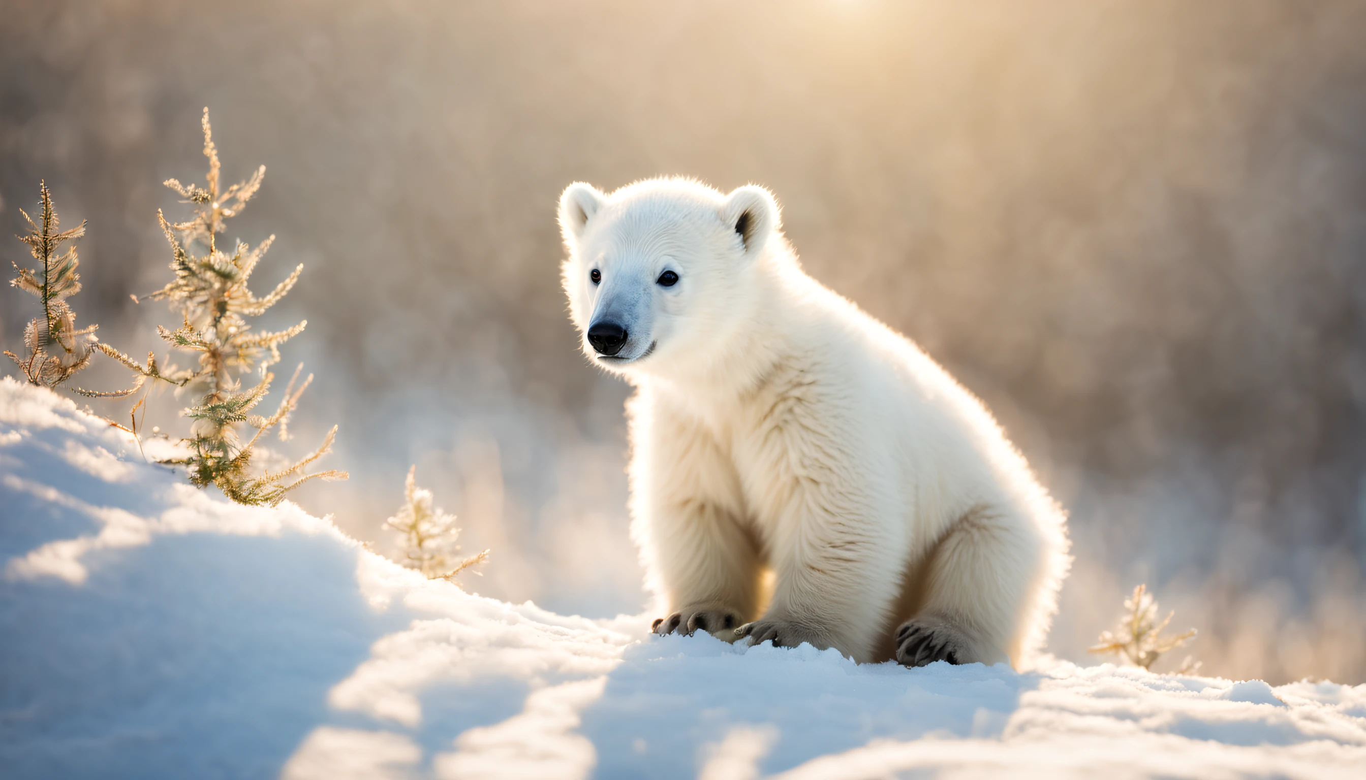 there is a baby polar bear that is sitting in the snow, baby polar bear, soft winter sunlight, winter sunlights, winter light, winter sunrise cold light, ultra realistic picture, portrait of a baby polar bear, cute animal, cold,