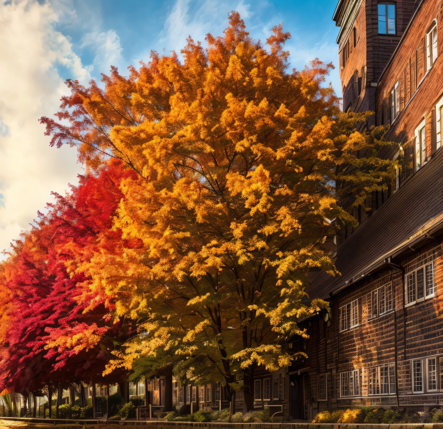 (best quality,highres,masterpiece:1.2),autumnal campus,fallen leaves,dappled sunlight,crimson and golden hues,students walking on tree-lined paths,peaceful atmosphere,lively squirrels,wooden benches,old brick buildings,tall shady trees,sound of rustling leaves,breeze gently blowing,autumn breeze,rustic charm,cozy nooks,books and coffee,morning fog,crisp air,late afternoon sun,autumn leaves swirling in the wind,whispering of nature,tranquil ponds,reflection of trees on calm water,academia in fall,serene scene.