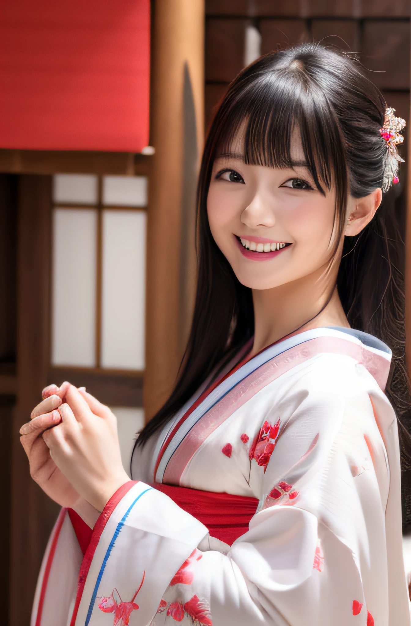 masutepiece, Ultra-realistic, 8K, High Resolution CG Unity 8K Wallpapers, Highest Quality, Raw photo, Full body, Japanese Idol, Girl with sexy body, Japan Princess、Wear a traditional kimono from Japan, Perfect tooth smile, Dynamic Pose, long, A dark-haired