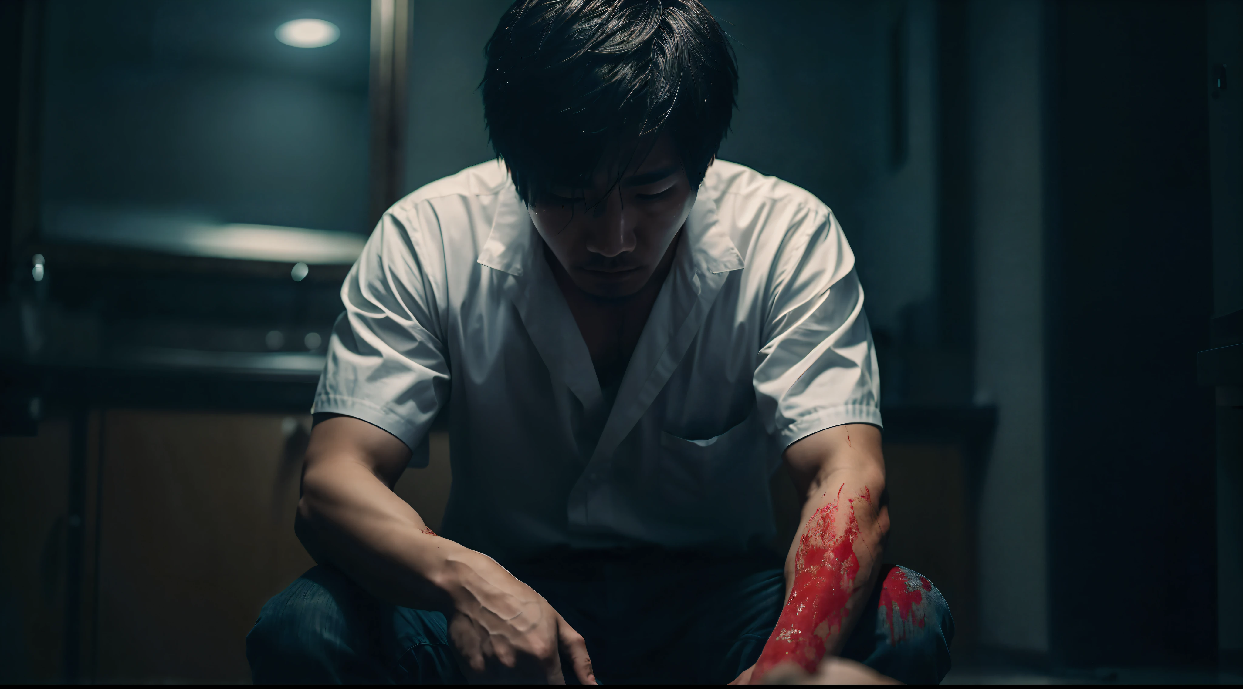 Manga where a boy of 18 year of Tokyo city sitting in bench taking support of wall and coffing blood and his soldier is brutally damaged and the place is little bit dark the wound is seeing properly he is wearing causal clothes