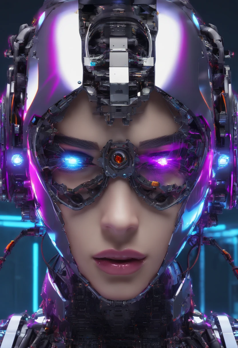highest qualityr、obra maestra、超A high resolution、(fotorrealista:1.4)、foto RAW、Batalla Cyborg Angel、alas grandes hechas de metal、Cuerpo de porcelana roja、Transparent acrylic cover、cana、piel resplandeciente、1 Chica Cyborg、((Super realistic details))、Portlate、global ilumination、sombra、octane representation、8k、ultrasharp、Luz de borde del personaje,Tetas colosales、Raw skin is exposed at the décolleté、Detalles de adornos complejos、Japan details、hydraulic cylinder、small LED lamp、detalles muy intrincados、luz realista、un ojo morado、ojos radiantes、in front of camera、neon details、Disparo de vaquero、casco futurista、Acerca de Cyberpunk、