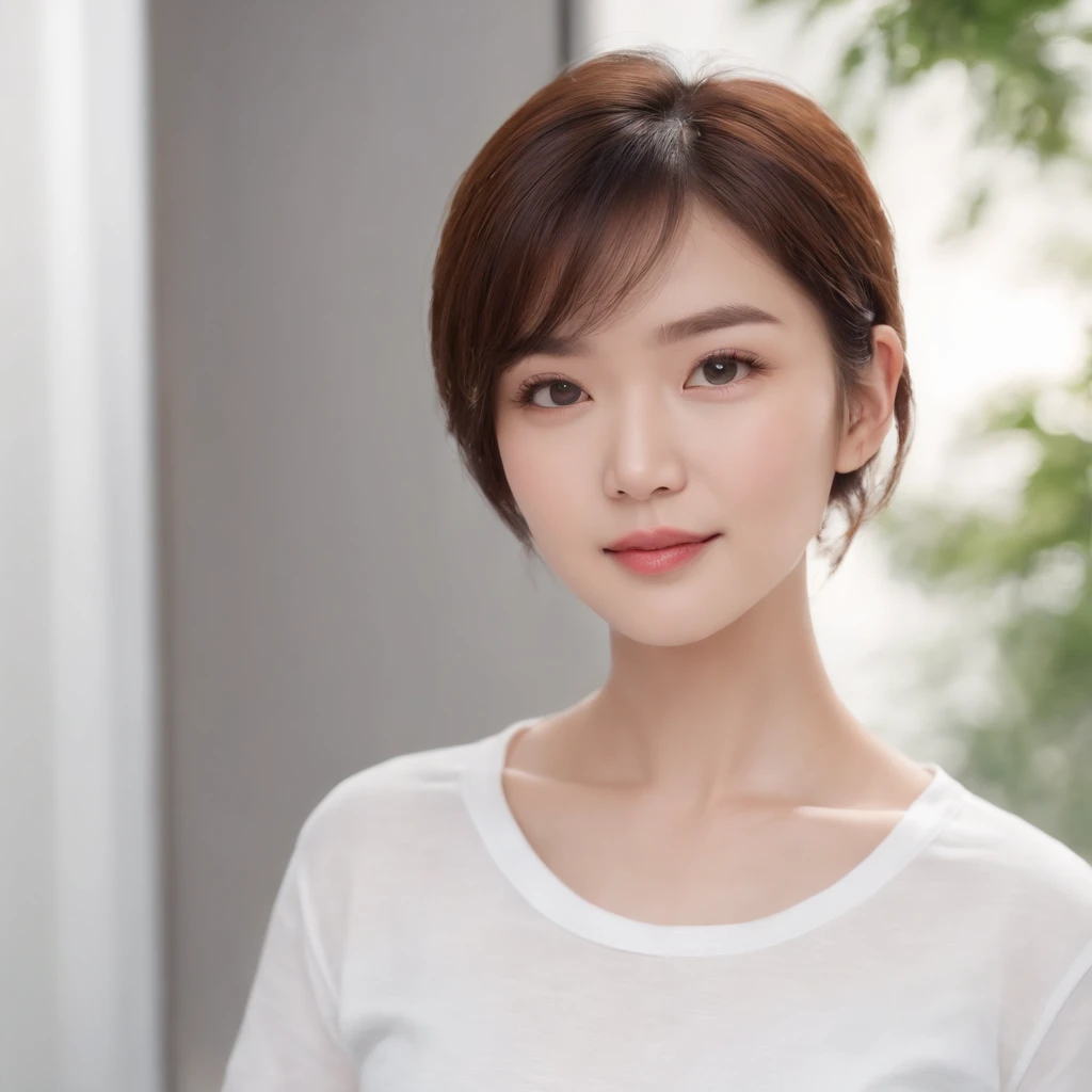 (Photo: 1.3) in the (Realistic: 1.3), East Asian Women, Soft light, Clear face, (front), ((White T-shirt)), Cheerful, Warm light, ((Gray-white gradient background)), (Background)) ,avatar,(Short hair),Beautiful,年轻,,Short hair,((avatar))
