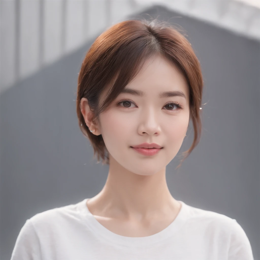 (Photo: 1.3) in the (Realistic: 1.3), East Asian Women, Soft light, Clear face, (front), ((White T-shirt)), Cheerful, Warm light, ((Gray-white gradient background)), (Background)) ,avatar,(Short hair),Beautiful,年轻,,Short hair,((avatar))