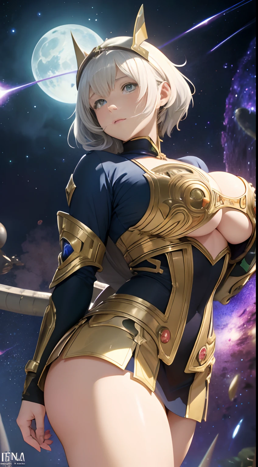 Alphonse Mucha, Maurice Sendak, Charles Doyle, Japanese anime, surreal mysterious strange bizarre fantasy sci-fi, galaxy mail, miniskirt girl mailman uniform, rocket piloting, galaxy, planet, moon, detailed masterpiece, huge tits big ass, sexy, high resolution definition quality, depth of field cinematic lighting